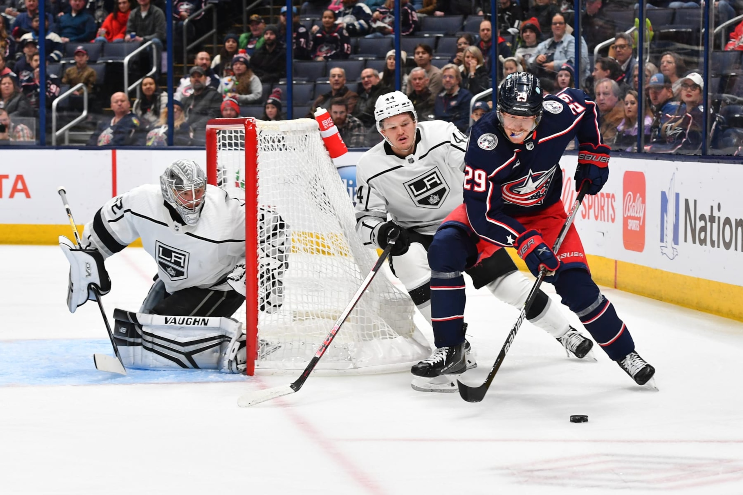 COLUMBUS, OHIO - DECEMBER 11: Patrik Laine #29 of the Columbus Blue Jackets skates with the puck as Mikey Anderson #44 and Jonathan Quick #32 of the Los Angeles Kings defend the net during the first period of a game at Nationwide Arena on December 11, 2022 in Columbus, Ohio. (Photo by Ben Jackson/NHLI via Getty Images) COLUMBUS, OHIO - DECEMBER 11: Patrik Laine #29 of the Columbus Blue Jackets skates with the puck as Mikey Anderson #44 and Jonathan Quick #32 of the Los Angeles Kings defend the net during the first period of a game at Nationwide Arena on December 11, 2022 in Columbus, Ohio. (Photo by Ben Jackson/NHLI via Getty Images)