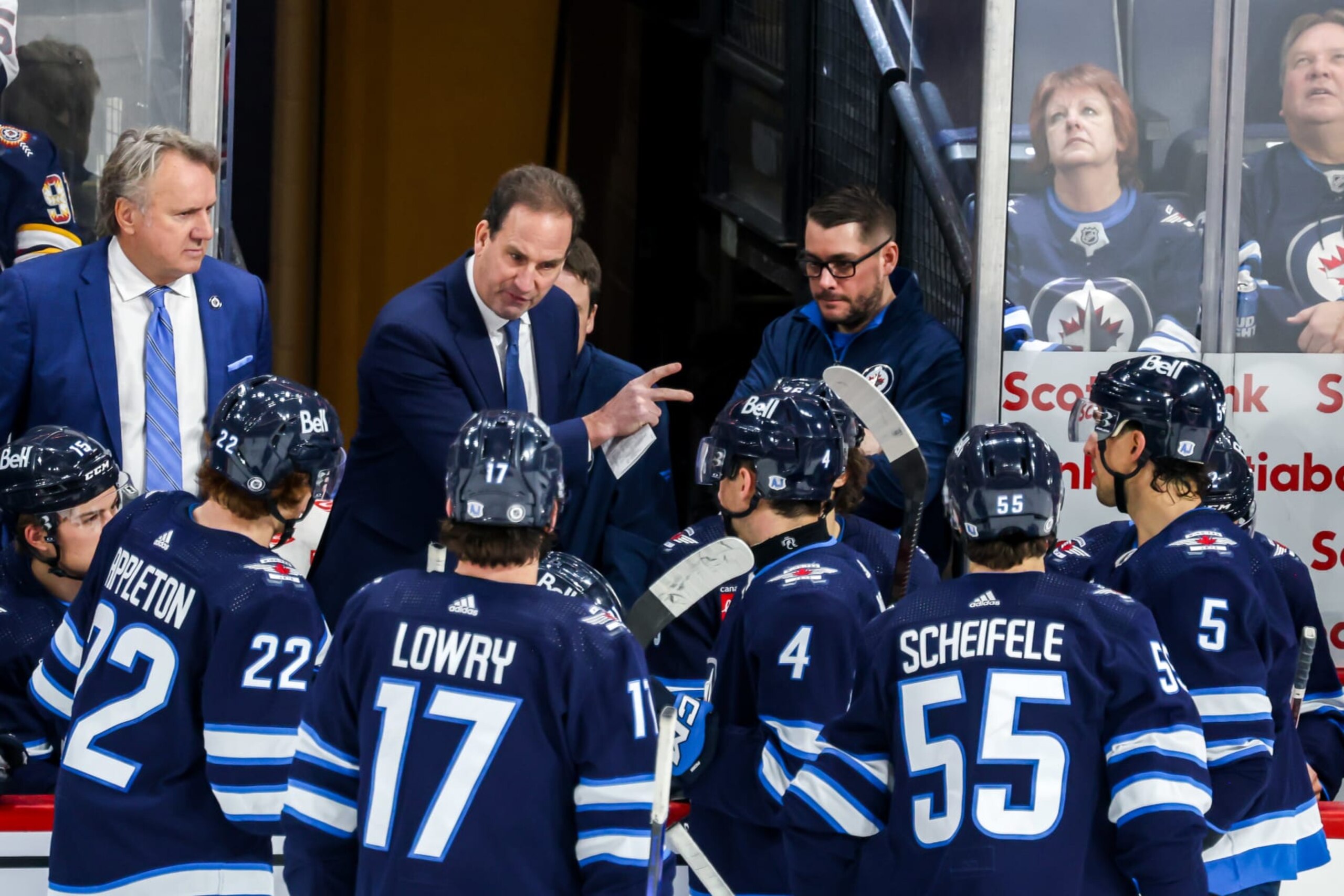 WINNIPEG, CANADA - FEBRUARY 25: Associate Coach Scott Arniel of the Winnipeg Jets instructs players at the bench during a stoppage in third period action against the Arizona Coyotes at the Canada Life Centre on February 25, 2024 in Winnipeg, Manitoba, Canada. (Photo by Jonathan Kozub/NHLI via Getty Images) WINNIPEG, CANADA - FEBRUARY 25: Associate Coach Scott Arniel of the Winnipeg Jets instructs players at the bench during a stoppage in third period action against the Arizona Coyotes at the Canada Life Centre on February 25, 2024 in Winnipeg, Manitoba, Canada. (Photo by Jonathan Kozub/NHLI via Getty Images)