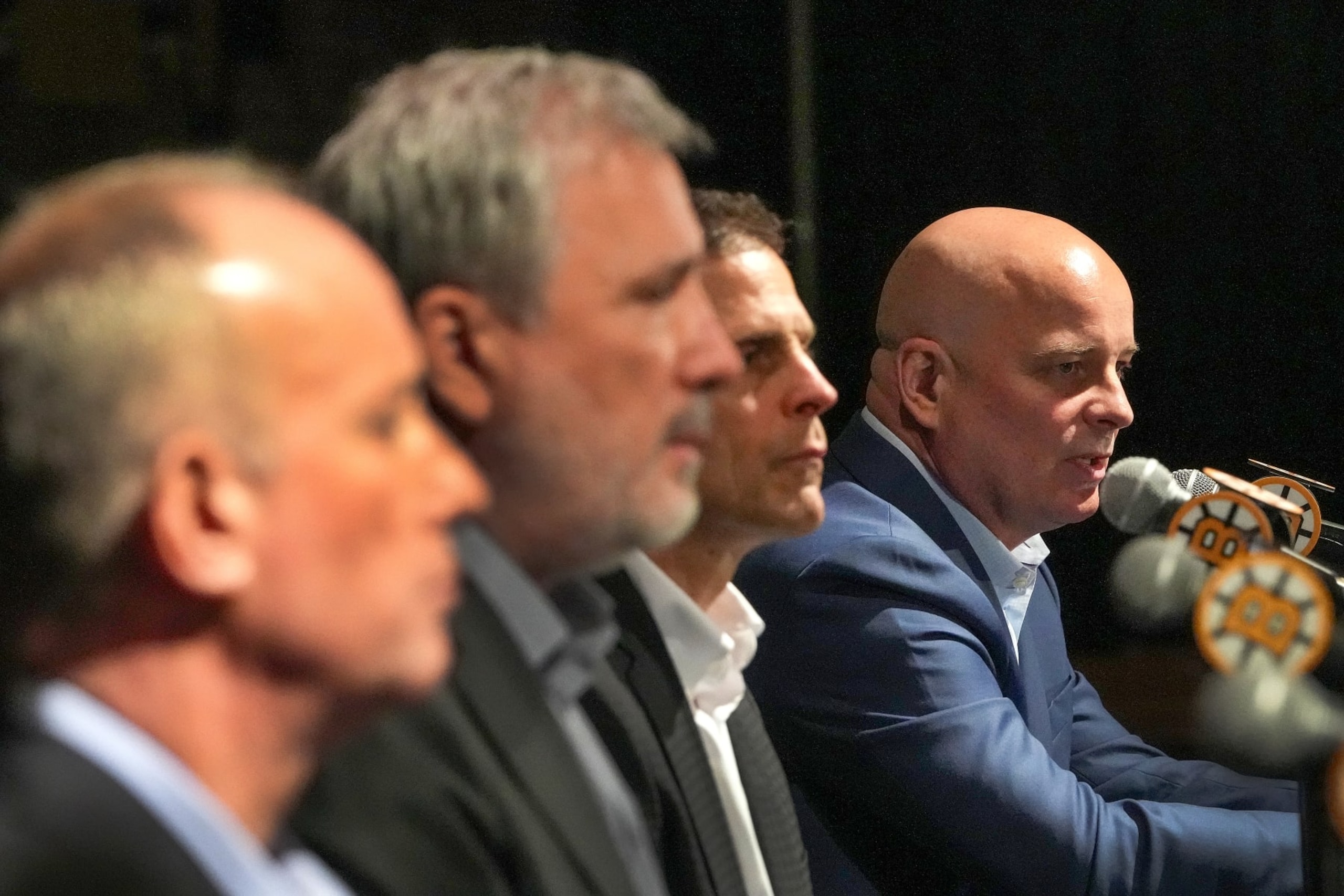 Boston, MA - May 22: From left, Charlie Jacobs, Chief Executive Officer of Delaware North and Chief Executive Officer and Alternate Governor for the Boston Bruins, Cam Neely, President, Don Sweeney, GM and Jim Montgomery, head coach during the team's end of season press conference at TD Garden. (Photo by Barry Chin/The Boston Globe via Getty Images) Boston, MA - May 22: From left, Charlie Jacobs, Chief Executive Officer of Delaware North and Chief Executive Officer and Alternate Governor for the Boston Bruins, Cam Neely, President, Don Sweeney, GM and Jim Montgomery, head coach during the team's end of season press conference at TD Garden. (Photo by Barry Chin/The Boston Globe via Getty Images)