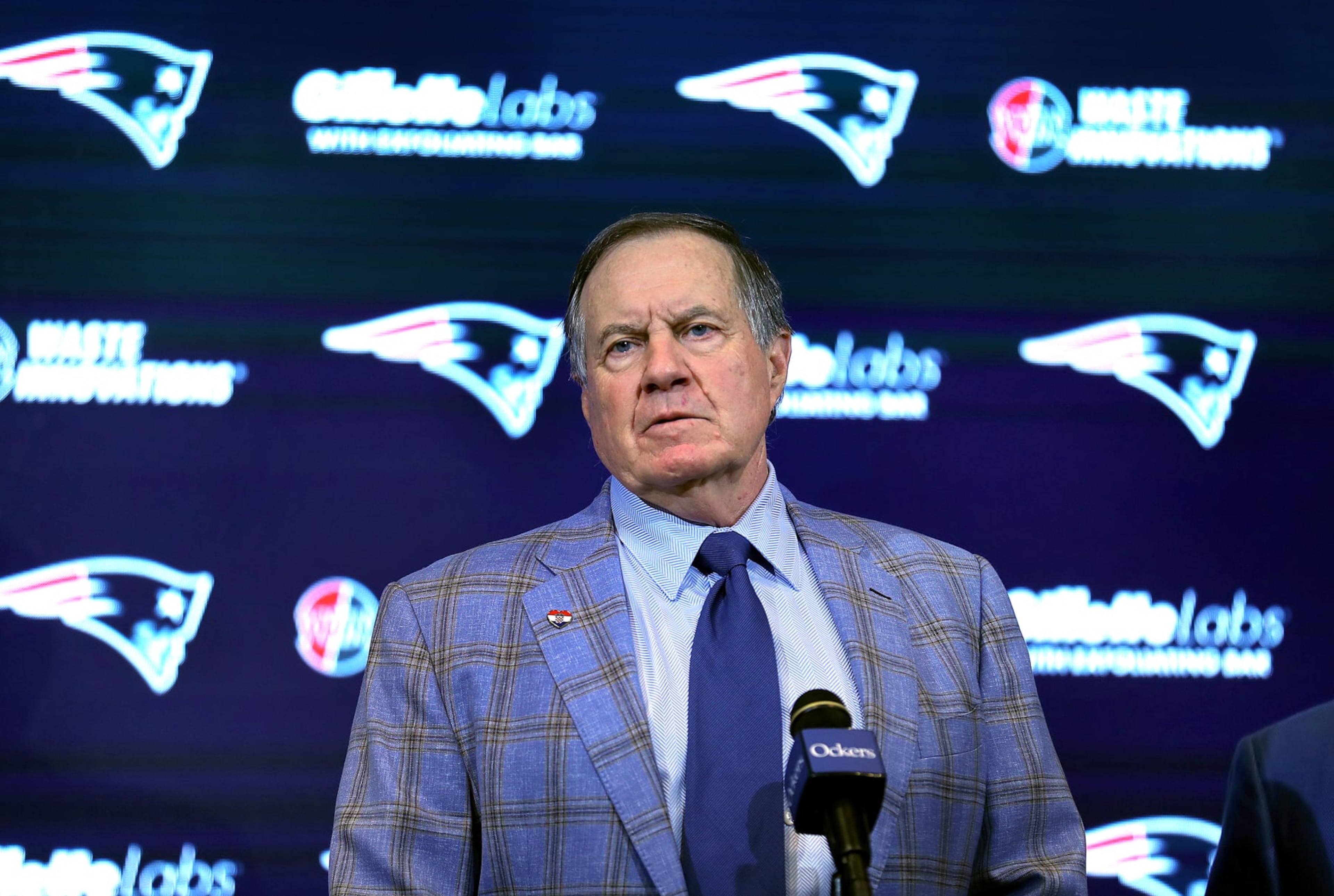 Foxborough, MA - January 11: New England Patriots former head coach Bill Belichick addressed the media at Gillette Stadium about his departure. (Photo by John Tlumacki/The Boston Globe via Getty Images) Foxborough, MA - January 11: New England Patriots former head coach Bill Belichick addressed the media at Gillette Stadium about his departure. (Photo by John Tlumacki/The Boston Globe via Getty Images)
