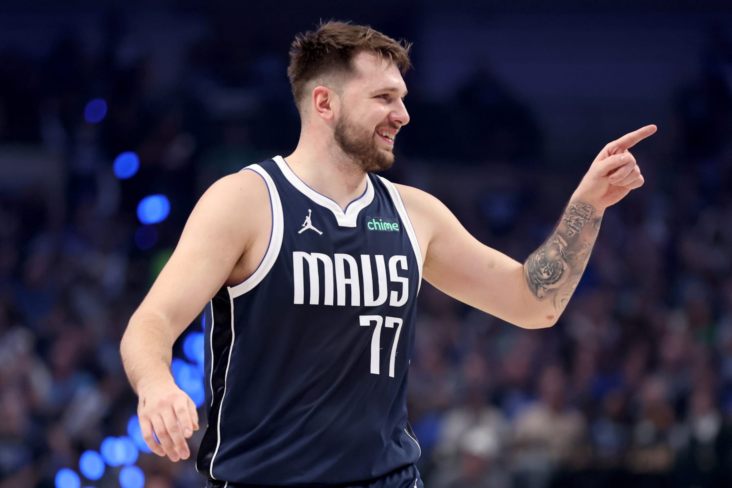 DALLAS, TEXAS - MAY 11: Luka Doncic #77 of the Dallas Mavericks reacts after a basket against the Oklahoma City Thunder in Game Three of the Western Conference Second Round Playoffs at American Airlines Center on May 11, 2024 in Dallas, Texas. NOTE TO USER: User expressly acknowledges and agrees that, by downloading and or using this photograph, User is consenting to the terms and conditions of the Getty Images License Agreement. (Photo by Tim Heitman/Getty Images)