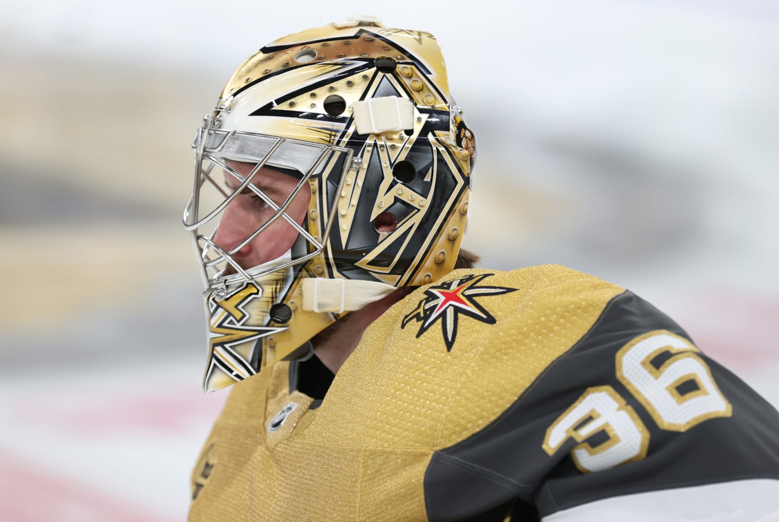 LAS VEGAS, NEVADA - APRIL 29: Logan Thompson #36 of the Vegas Golden Knights warms up prior to Game Four of the First Round of the 2024 Stanley Cup Playoffs against the Dallas Stars at T-Mobile Arena on April 29, 2024 in Las Vegas, Nevada. (Photo by Zak Krill/NHLI via Getty Images)