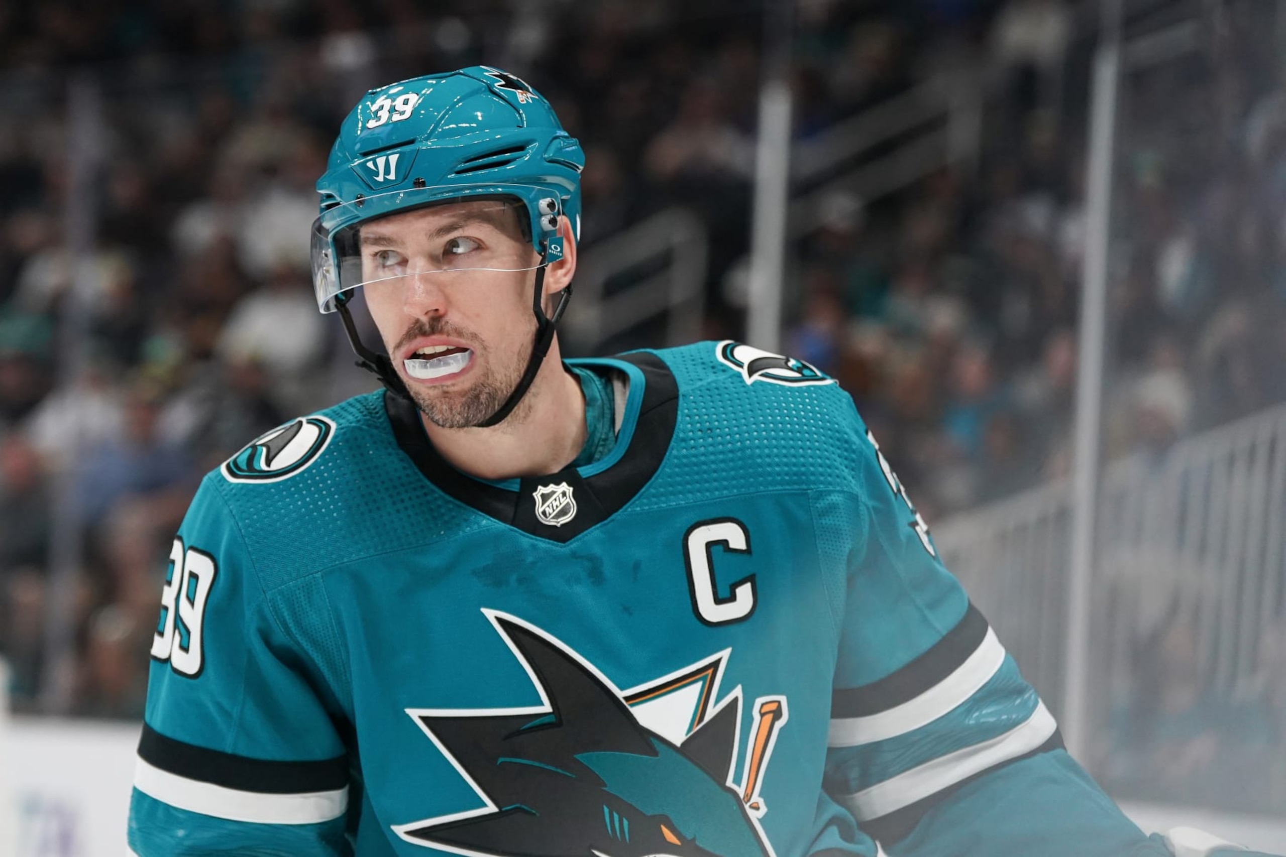 SAN JOSE, CA - JANUARY 27: Logan Couture #39 of the San Jose Sharks skates off after the play against the Buffalo Sabres in the second period at SAP Center on December 27, 2024 in San Jose, California. (Photo by Kavin Mistry/NHLI via Getty Images)