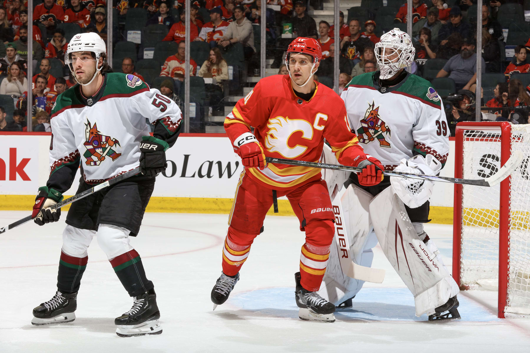 CALGARY, ALBERTA - APRIL 14: Mikael Backlund #11 of the Calgary Flames skates against Sean Durzi #50 of the Arizona Coyotes at the Scotiabank Saddledome on April 14, 2024 in Calgary, Alberta. (Photo by Gerry Thomas/NHLI via Getty Images)