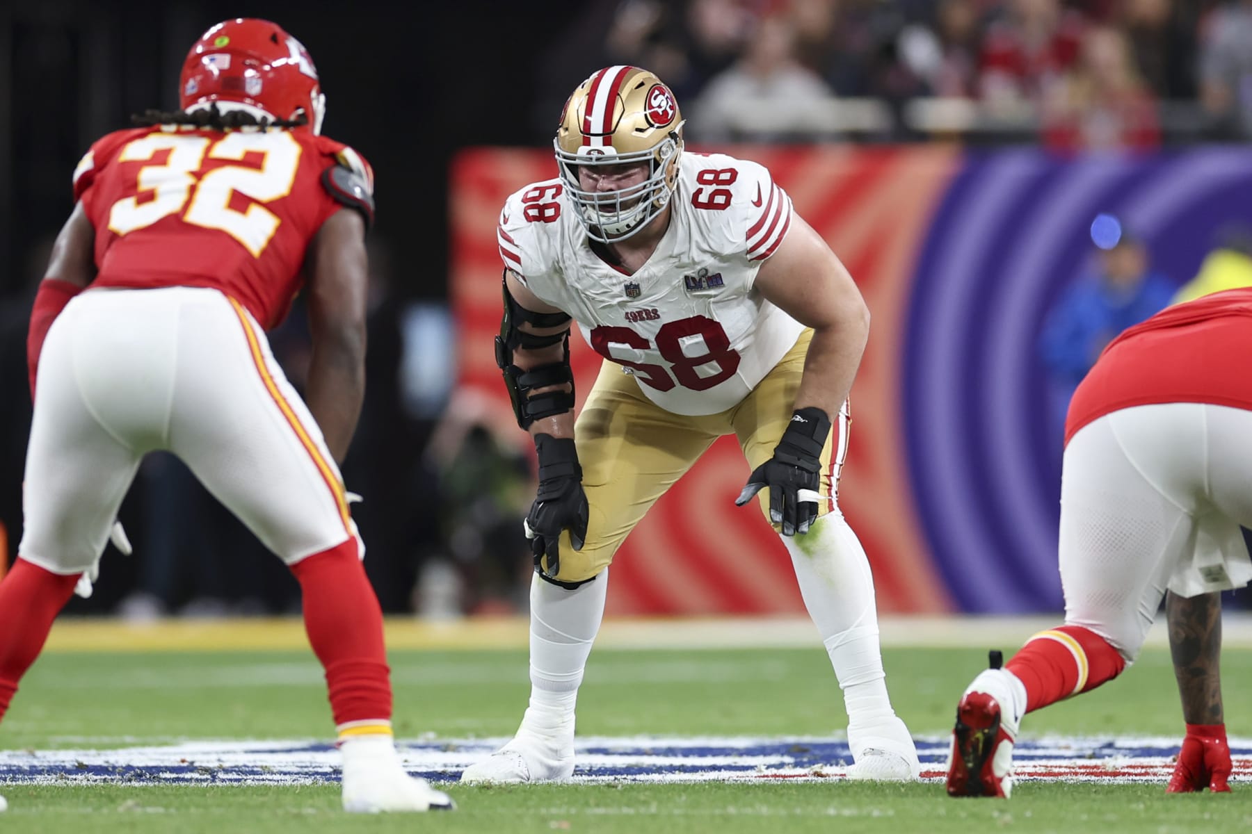 LAS VEGAS, NV - FEBRUARY 11: Colton McKivitz #68 of the San Francisco 49ers looks on before the ball gets snapped during Super Bowl LVIII against the Kansas City Chiefs at Allegiant Stadium on February 11, 2024 in Las Vegas, NV. (Photo by Perry Knotts/Getty Images)