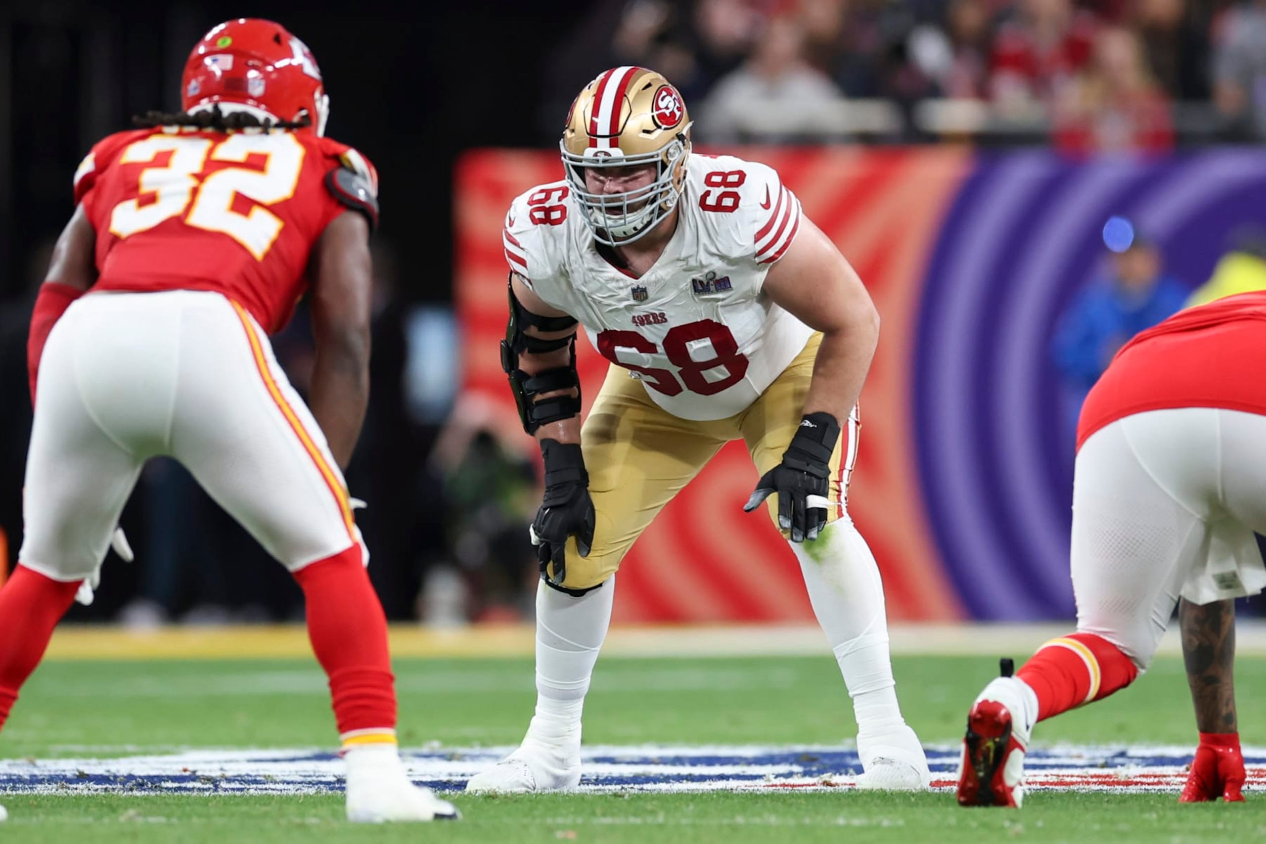 LAS VEGAS, NV - FEBRUARY 11: Colton McKivitz #68 of the San Francisco 49ers looks on before the ball gets snapped during Super Bowl LVIII against the Kansas City Chiefs at Allegiant Stadium on February 11, 2024 in Las Vegas, NV. (Photo by Perry Knotts/Getty Images)