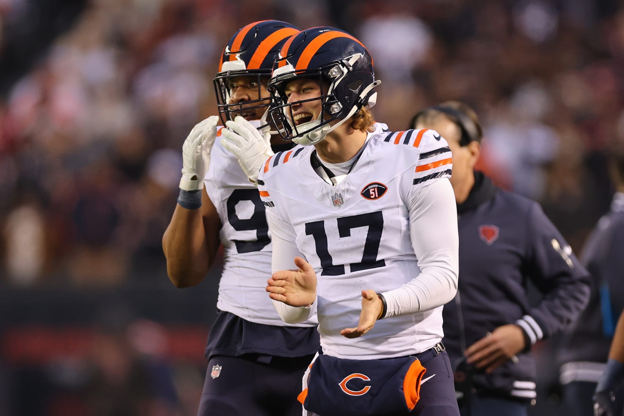 CHICAGO, ILLINOIS - DECEMBER 24: Tyson Bagent #17 of the Chicago Bears reacts against the Arizona Cardinals at Soldier Field on December 24, 2023 in Chicago, Illinois. (Photo by Michael Reaves/Getty Images)