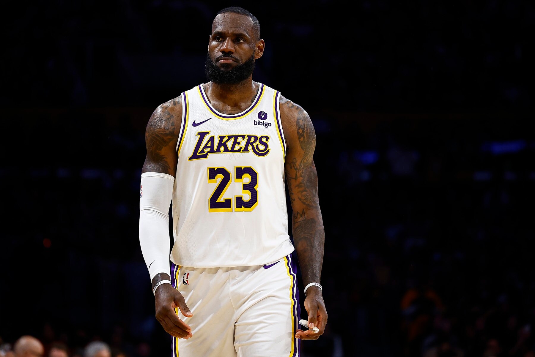 LOS ANGELES, CALIFORNIA - APRIL 27:  LeBron James #23 of the Los Angeles Lakers during game four of the Western Conference First Round Playoffs at Crypto.com Arena on April 27, 2024 in Los Angeles, California.  NOTE TO USER: User expressly acknowledges and agrees that, by downloading and/or using this photograph, user is consenting to the terms and conditions of the Getty Images License Agreement.  (Photo by Ronald Martinez/Getty Images)