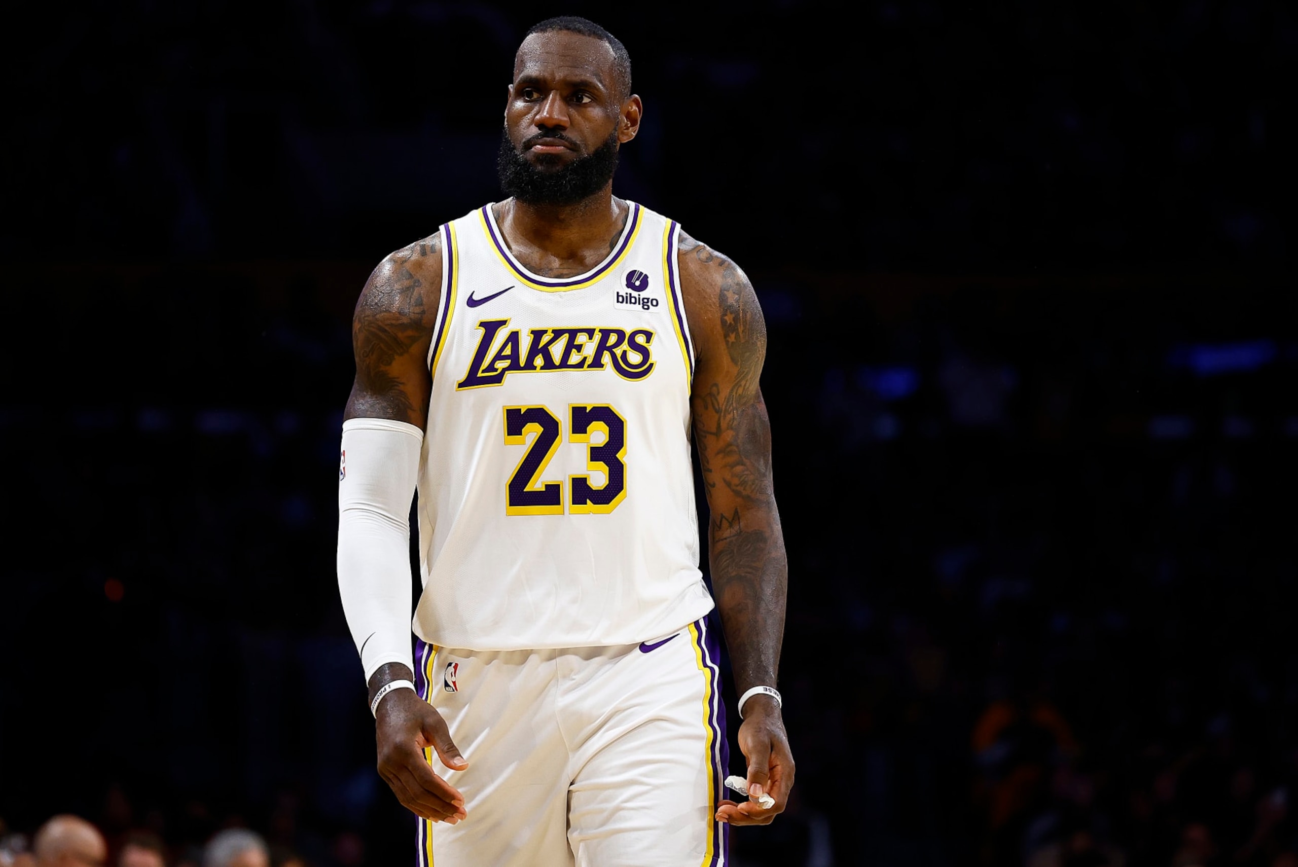 LOS ANGELES, CALIFORNIA - APRIL 27:  LeBron James #23 of the Los Angeles Lakers during game four of the Western Conference First Round Playoffs at Crypto.com Arena on April 27, 2024 in Los Angeles, California.  NOTE TO USER: User expressly acknowledges and agrees that, by downloading and/or using this photograph, user is consenting to the terms and conditions of the Getty Images License Agreement.  (Photo by Ronald Martinez/Getty Images)