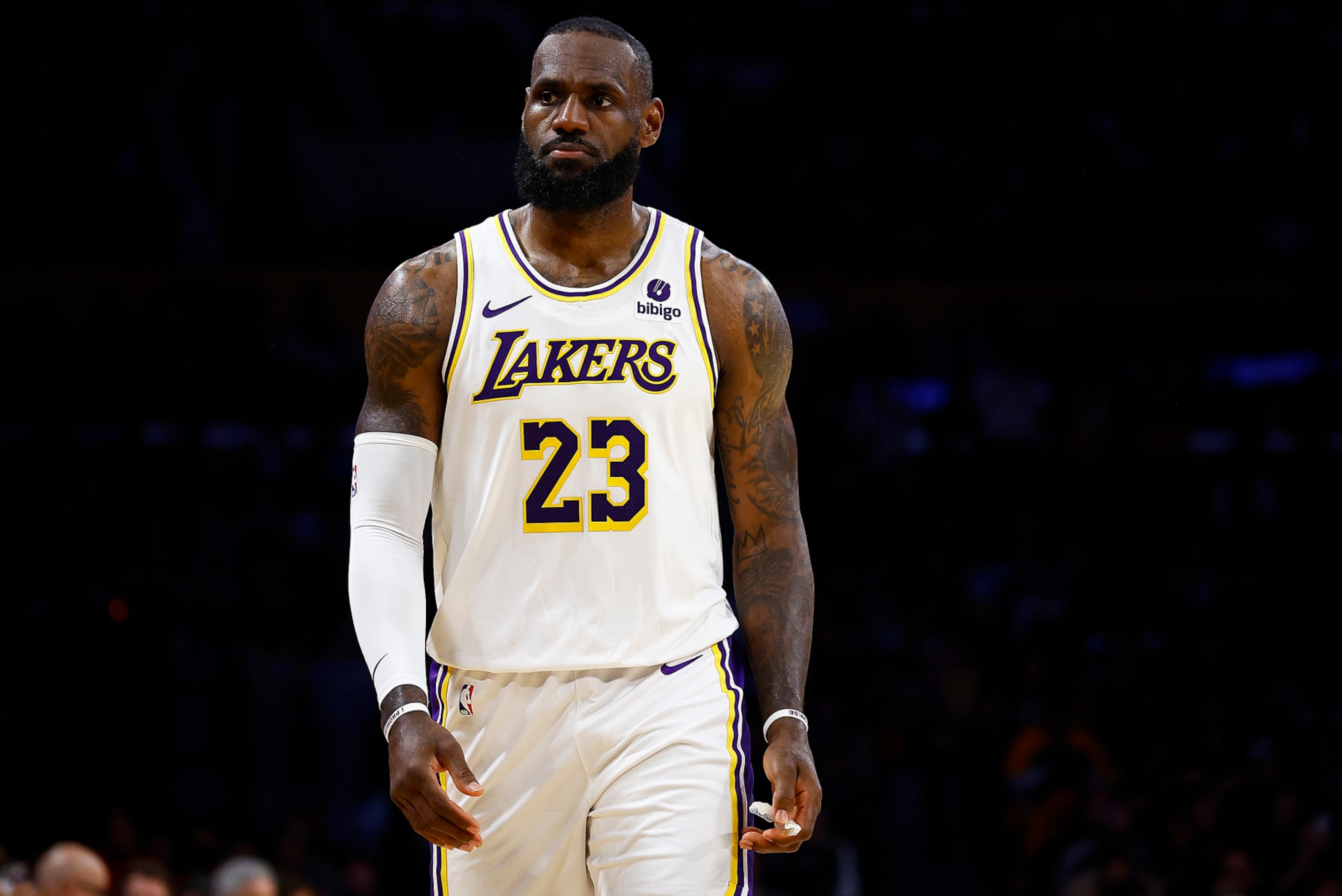 LOS ANGELES, CALIFORNIA - APRIL 27:  LeBron James #23 of the Los Angeles Lakers during game four of the Western Conference First Round Playoffs at Crypto.com Arena on April 27, 2024 in Los Angeles, California.  NOTE TO USER: User expressly acknowledges and agrees that, by downloading and/or using this photograph, user is consenting to the terms and conditions of the Getty Images License Agreement.  (Photo by Ronald Martinez/Getty Images)