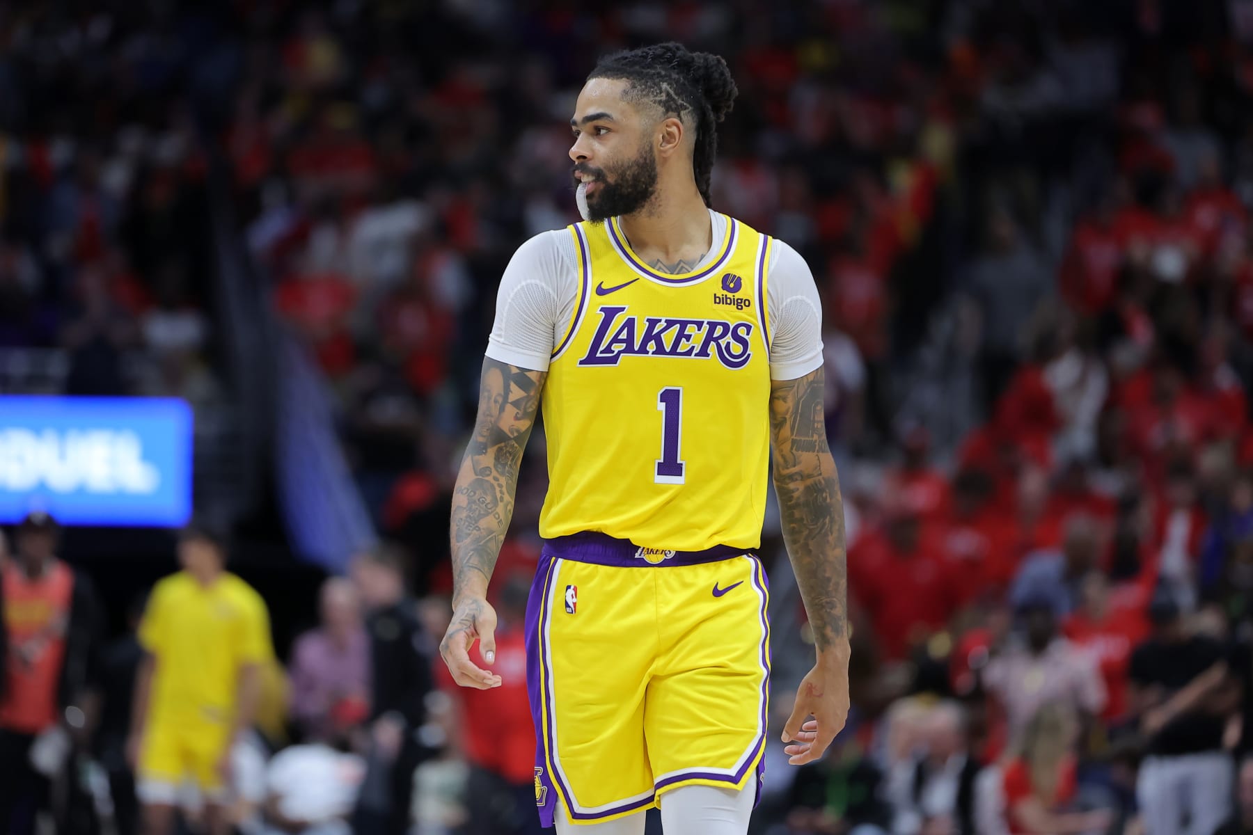 NEW ORLEANS, LOUISIANA - APRIL 16: D'Angelo Russell #1 of the Los Angeles Lakers reacts against the New Orleans Pelicans during a play-in tournament game at the Smoothie King Center on April 16, 2024 in New Orleans, Louisiana. NOTE TO USER: User expressly acknowledges and agrees that, by downloading and or using this Photograph, user is consenting to the terms and conditions of the Getty Images License Agreement. (Photo by Jonathan Bachman/Getty Images)