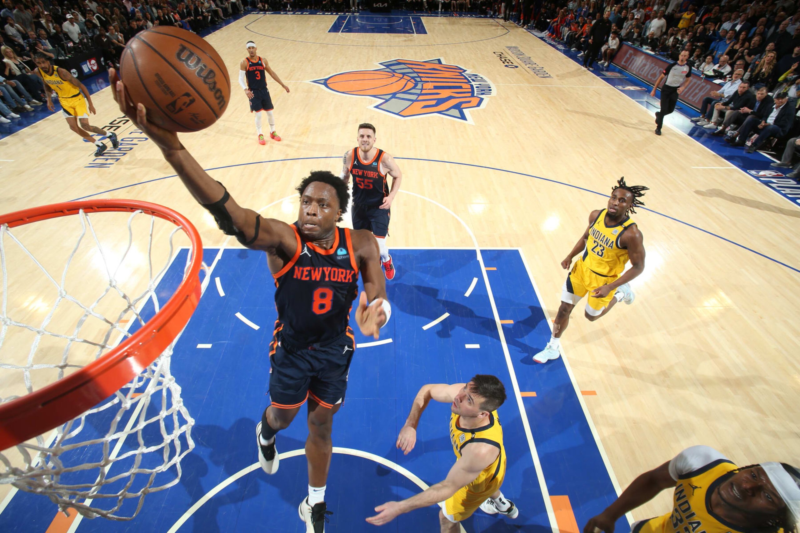 NEW YORK, NY - MAY 8: OG Anunoby #8 of the New York Knicks drives to the basket during the game against the Indiana Pacers during Round 2 Game 2 of the 2024 NBA Playoffs on May 8, 2024 at Madison Square Garden in New York City, New York. NOTE TO USER: User expressly acknowledges and agrees that, by downloading and or using this photograph, User is consenting to the terms and conditions of the Getty Images License Agreement. Mandatory Copyright Notice: Copyright 2024 NBAE (Photo by Nathaniel S. Butler/NBAE via Getty Images) NEW YORK, NY - MAY 8: OG Anunoby #8 of the New York Knicks drives to the basket during the game against the Indiana Pacers during Round 2 Game 2 of the 2024 NBA Playoffs on May 8, 2024 at Madison Square Garden in New York City, New York. NOTE TO USER: User expressly acknowledges and agrees that, by downloading and or using this photograph, User is consenting to the terms and conditions of the Getty Images License Agreement. Mandatory Copyright Notice: Copyright 2024 NBAE (Photo by Nathaniel S. Butler/NBAE via Getty Images)