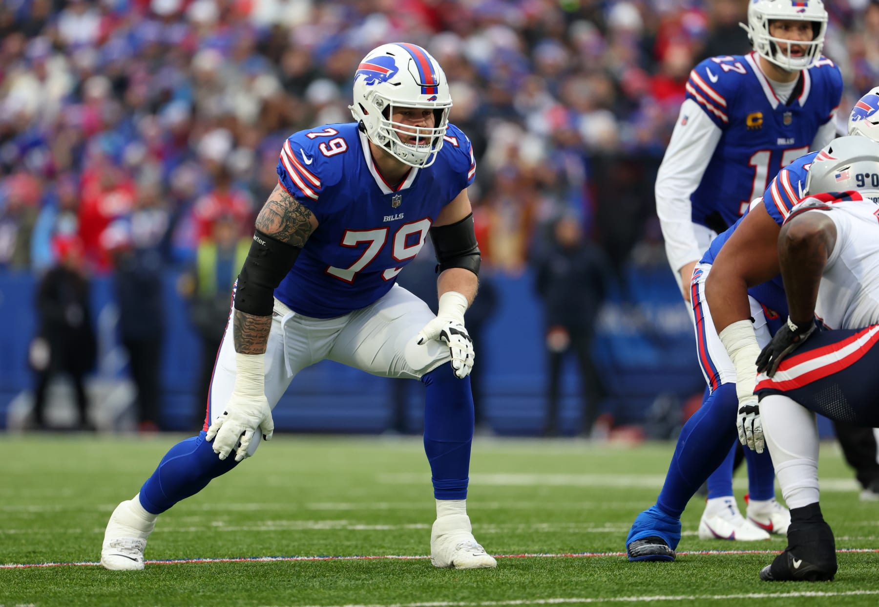 ORCHARD PARK, NEW YORK - DECEMBER 31: Spencer Brown #79 of the Buffalo Bills waits for the snap against the New England Patriots at Highmark Stadium on December 31, 2023 in Orchard Park, New York. (Photo by Timothy T Ludwig/Getty Images)