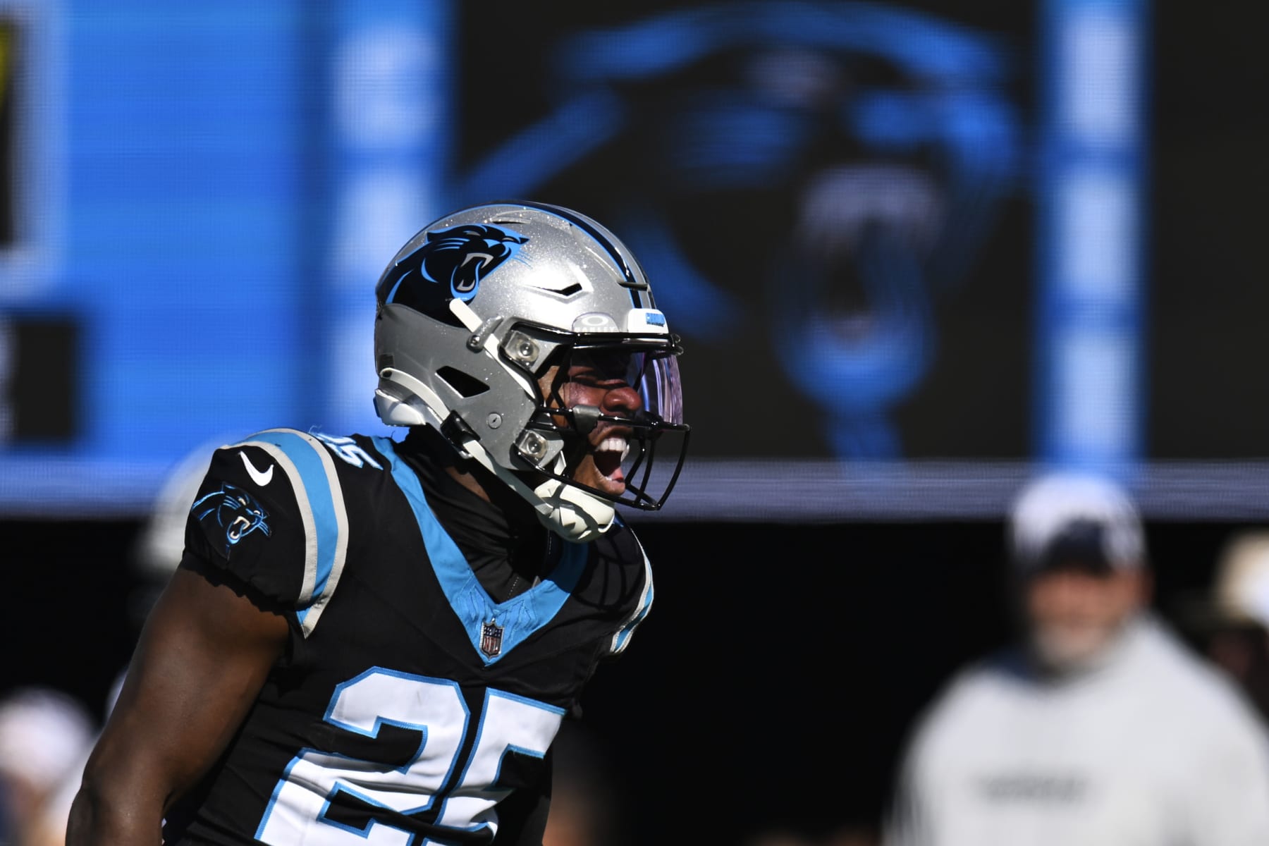 CHARLOTTE, NORTH CAROLINA - NOVEMBER 19: Xavier Woods #25 of the Carolina Panthers celebrates breaking up a Dallas Cowboys pass in the first quarter at Bank of America Stadium on November 19, 2023 in Charlotte, North Carolina. (Photo by Eakin Howard/Getty Images)