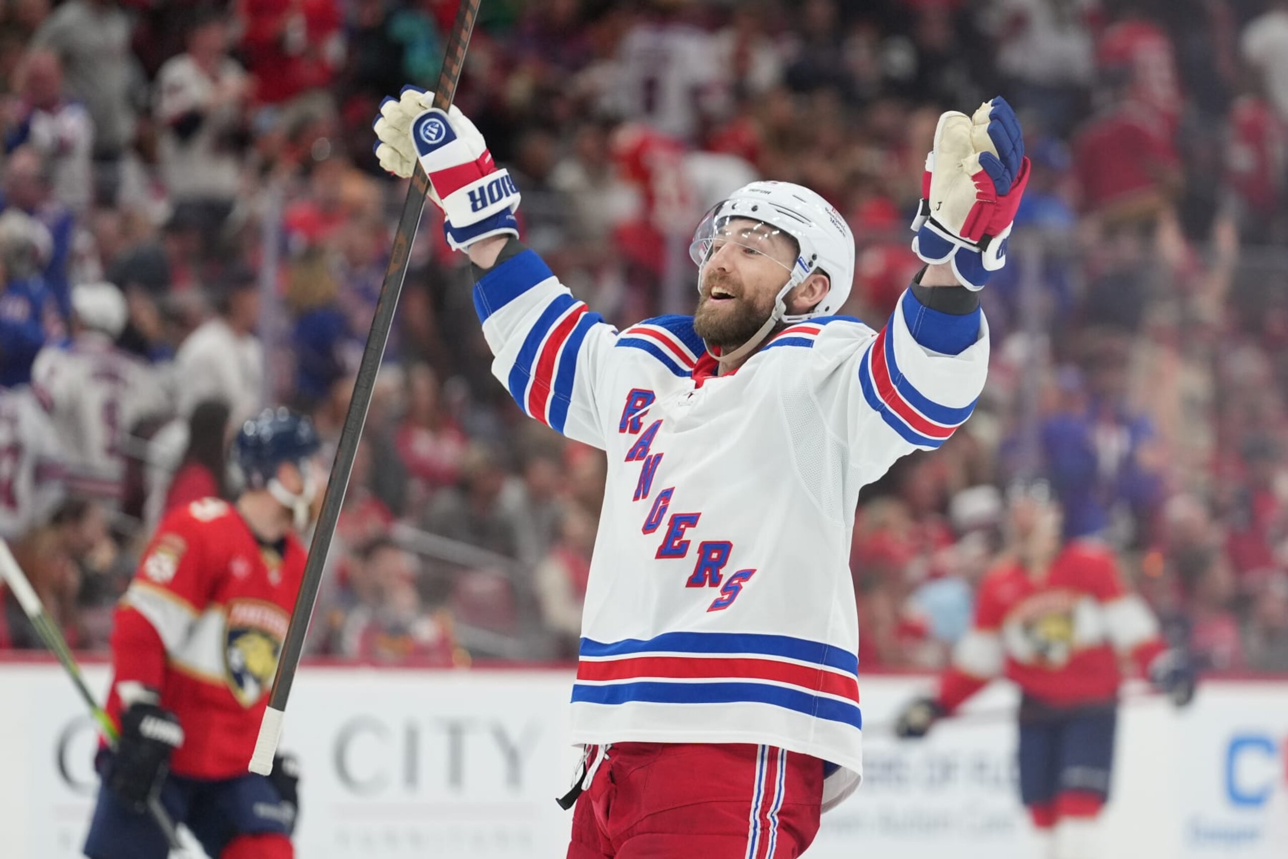 SUNRISE, FL - MAY 26: New York Rangers center Barclay Goodrow (21) celebrates an overtime goal during game three of the Eastern Conference Finals between the New York Rangers and the Florida Panthers on Sunday, May 26, 2025 at Amerant Bank Arena in Sunrise, Fla. (Photo by Peter Joneleit/Icon Sportswire via Getty Images) SUNRISE, FL - MAY 26: New York Rangers center Barclay Goodrow (21) celebrates an overtime goal during game three of the Eastern Conference Finals between the New York Rangers and the Florida Panthers on Sunday, May 26, 2025 at Amerant Bank Arena in Sunrise, Fla. (Photo by Peter Joneleit/Icon Sportswire via Getty Images)