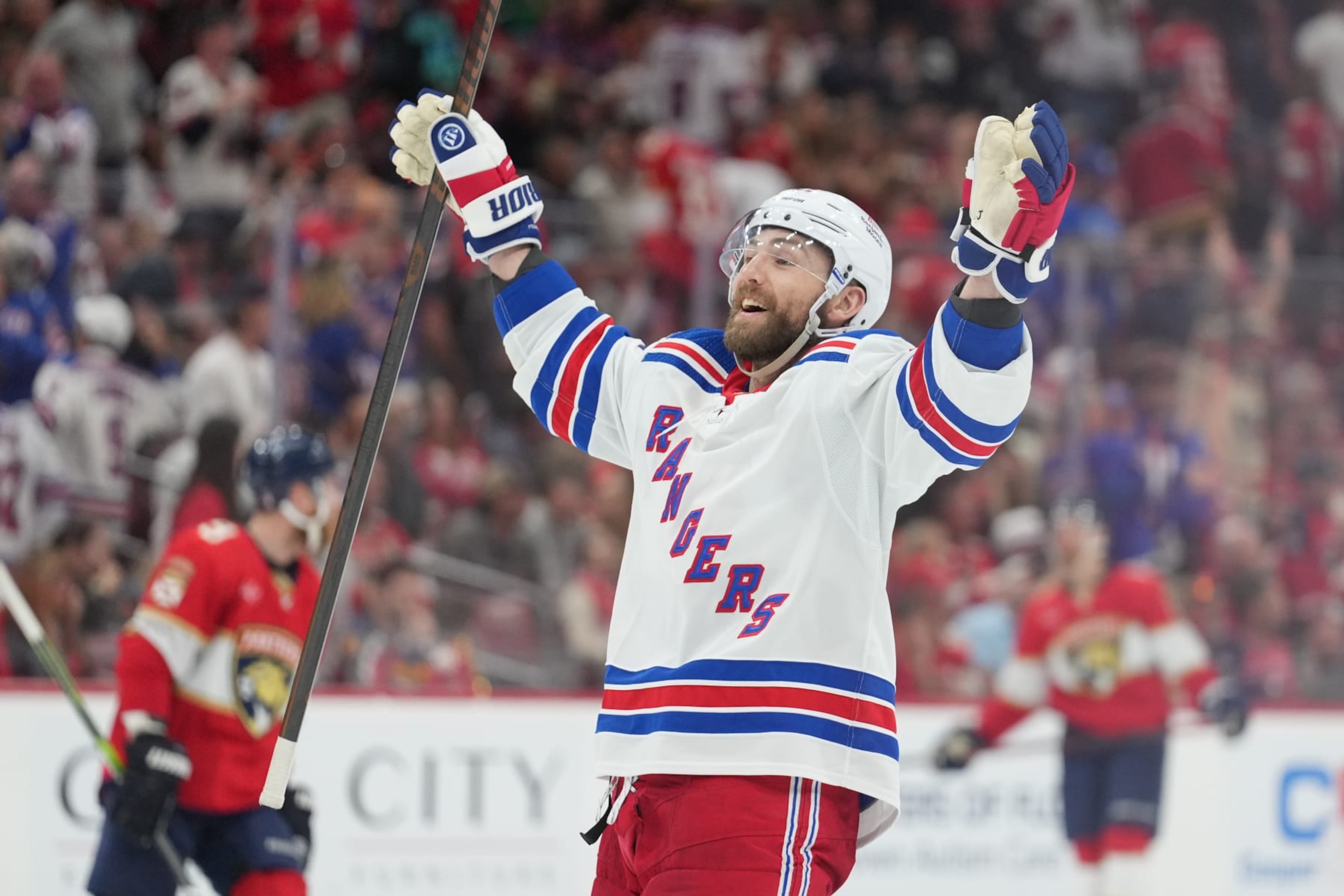 SUNRISE, FL - MAY 26: New York Rangers center Barclay Goodrow (21) celebrates an overtime goal during game three of the Eastern Conference Finals between the New York Rangers and the Florida Panthers on Sunday, May 26, 2025 at Amerant Bank Arena in Sunrise, Fla. (Photo by Peter Joneleit/Icon Sportswire via Getty Images) SUNRISE, FL - MAY 26: New York Rangers center Barclay Goodrow (21) celebrates an overtime goal during game three of the Eastern Conference Finals between the New York Rangers and the Florida Panthers on Sunday, May 26, 2025 at Amerant Bank Arena in Sunrise, Fla. (Photo by Peter Joneleit/Icon Sportswire via Getty Images)