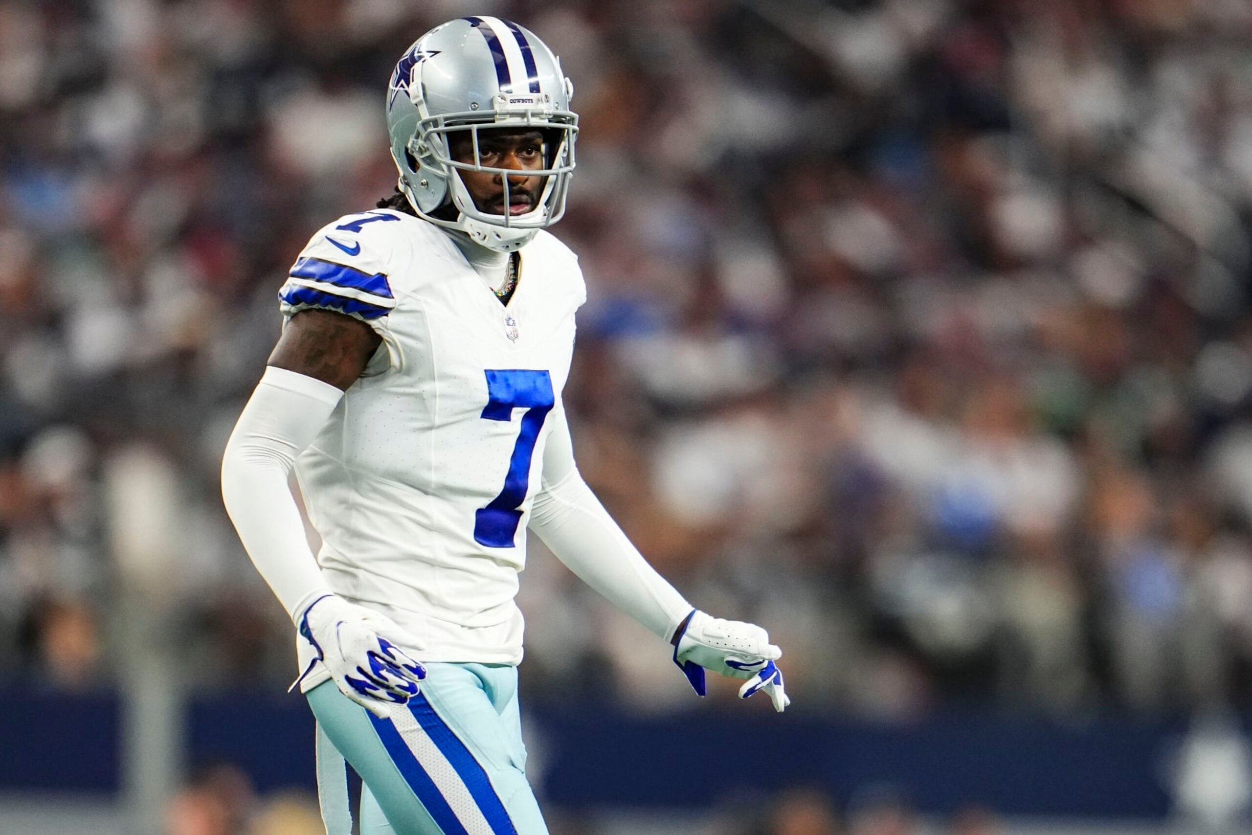 ARLINGTON, TX - SEPTEMBER 17: Trevon Diggs #7 of the Dallas Cowboys defends in coverage during a football game at AT&T Stadium on September 17, 2023 in Arlington, Texas. (Photo by Cooper Neill/Getty Images)