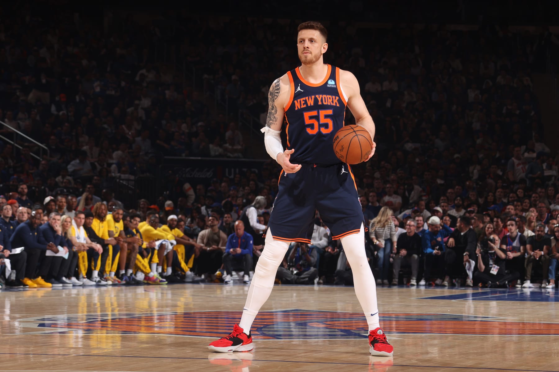 NEW YORK, NY - MAY 8: Isaiah Hartenstein #55 of the New York Knicks dribbles the ball during the game against the Indiana Pacers during Round 2 Game 2 of the 2024 NBA Playoffs on May 8, 2024 at Madison Square Garden in New York City, New York.  NOTE TO USER: User expressly acknowledges and agrees that, by downloading and or using this photograph, User is consenting to the terms and conditions of the Getty Images License Agreement. Mandatory Copyright Notice: Copyright 2024 NBAE  (Photo by Nathaniel S. Butler/NBAE via Getty Images)