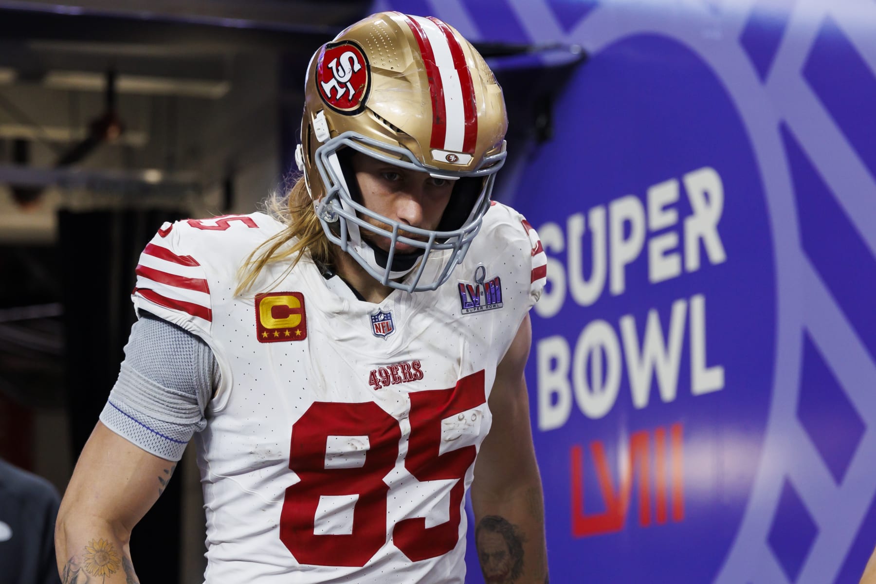 LAS VEGAS, NEVADA - FEBRUARY 11: George Kittle #85 of the San Francisco 49ers enters the field after halftime during Super Bowl LVIII against the Kansas City Chiefs at Allegiant Stadium on February 11, 2024 in Las Vegas, Nevada. (Photo by Ryan Kang/Getty Images)