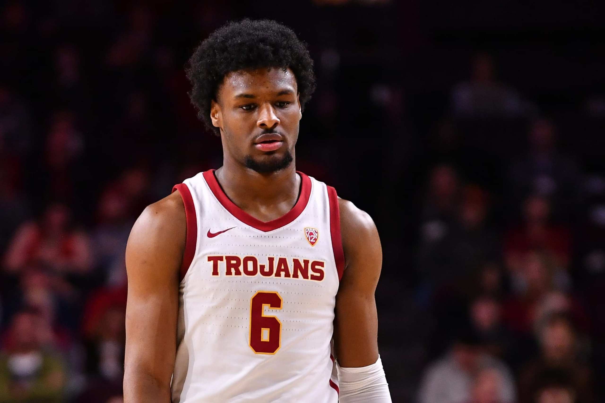 LOS ANGELES, CA - FEBRUARY 17: USC Trojans guard Bronny James (6) looks on during the college basketball game between the Colorado Buffaloes and the USC Trojans on February 17, 2024 at Galen Center in Los Angeles, CA. (Photo by Brian Rothmuller/Icon Sportswire via Getty Images)