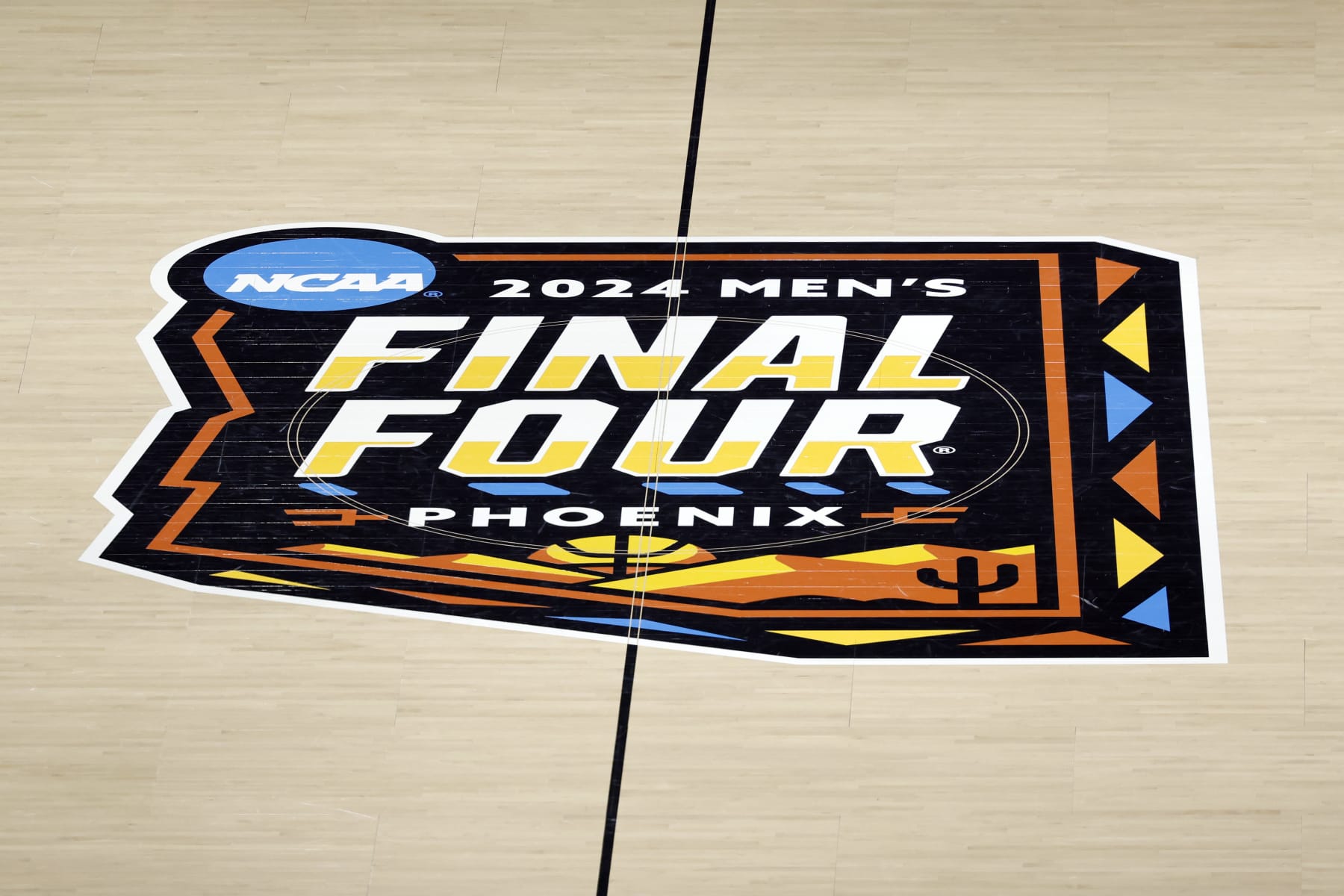 GLENDALE, ARIZONA - APRIL 08: A general view of the Final Four logo on the court during the NCAA Men's Basketball Tournament National Championship game between the Purdue Boilermakers and the Connecticut Huskies at State Farm Stadium on April 08, 2024 in Glendale, Arizona. (Photo by Chris Coduto/Getty Images)