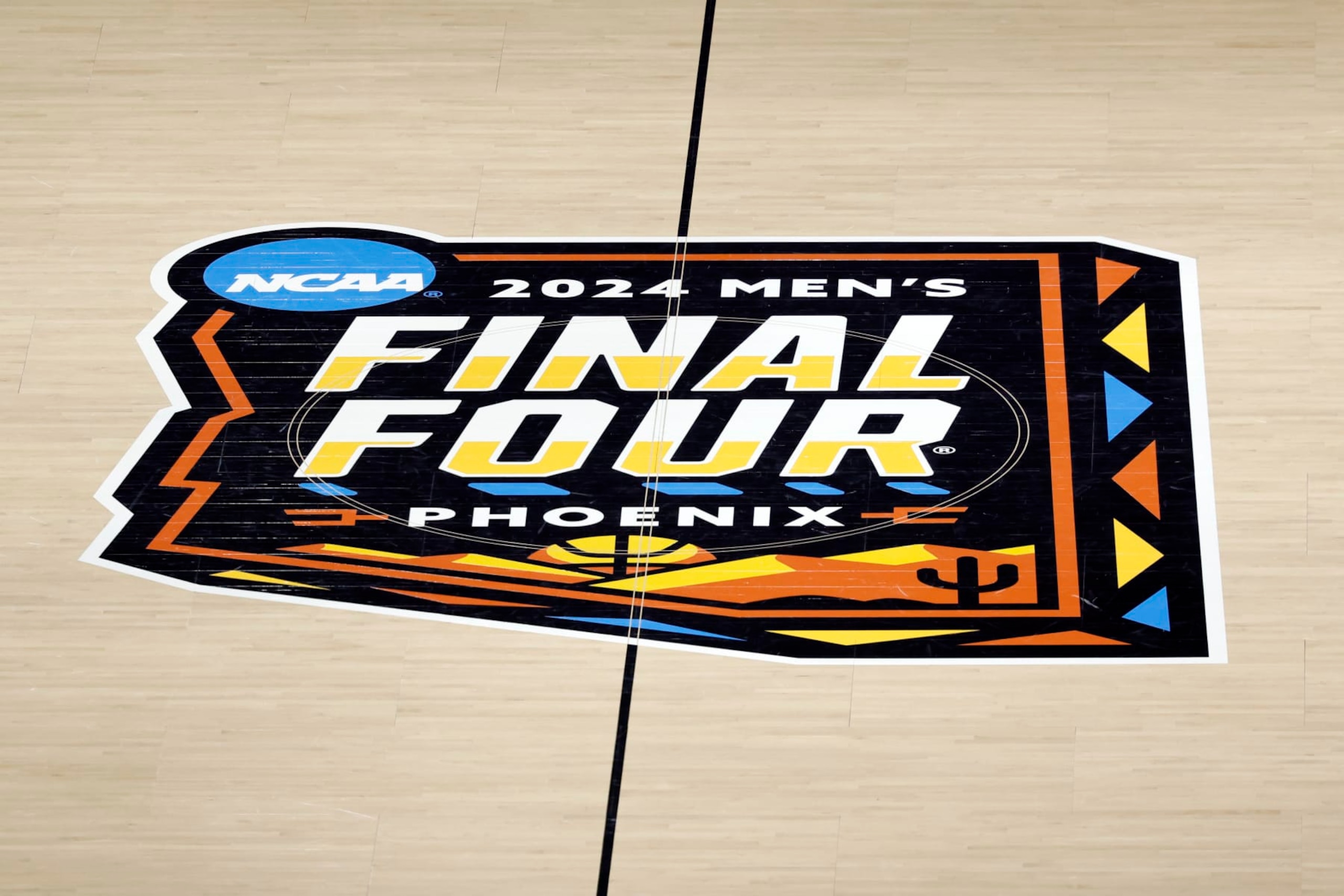 GLENDALE, ARIZONA - APRIL 08: A general view of the Final Four logo on the court during the NCAA Men's Basketball Tournament National Championship game between the Purdue Boilermakers and the Connecticut Huskies at State Farm Stadium on April 08, 2024 in Glendale, Arizona. (Photo by Chris Coduto/Getty Images)