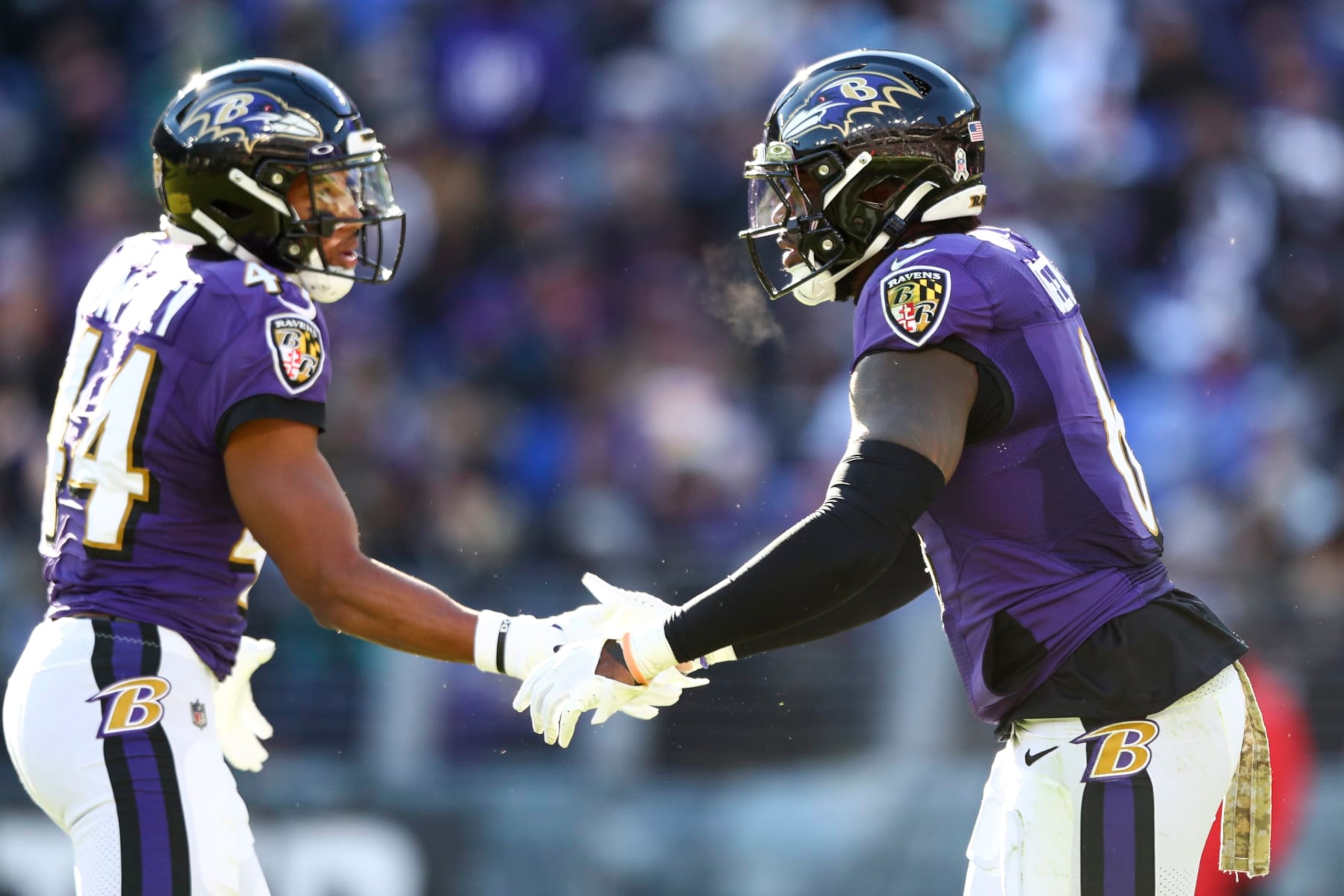 BALTIMORE, MD - NOVEMBER 20: Patrick Queen #6 of the Baltimore Ravens celebrates with Marlon Humphrey #44 after a play during the second quarter of an NFL football game against the Carolina Panthers at M&T Bank Stadium on November 20, 2022 in Baltimore, Maryland. (Photo by Kevin Sabitus/Getty Images)