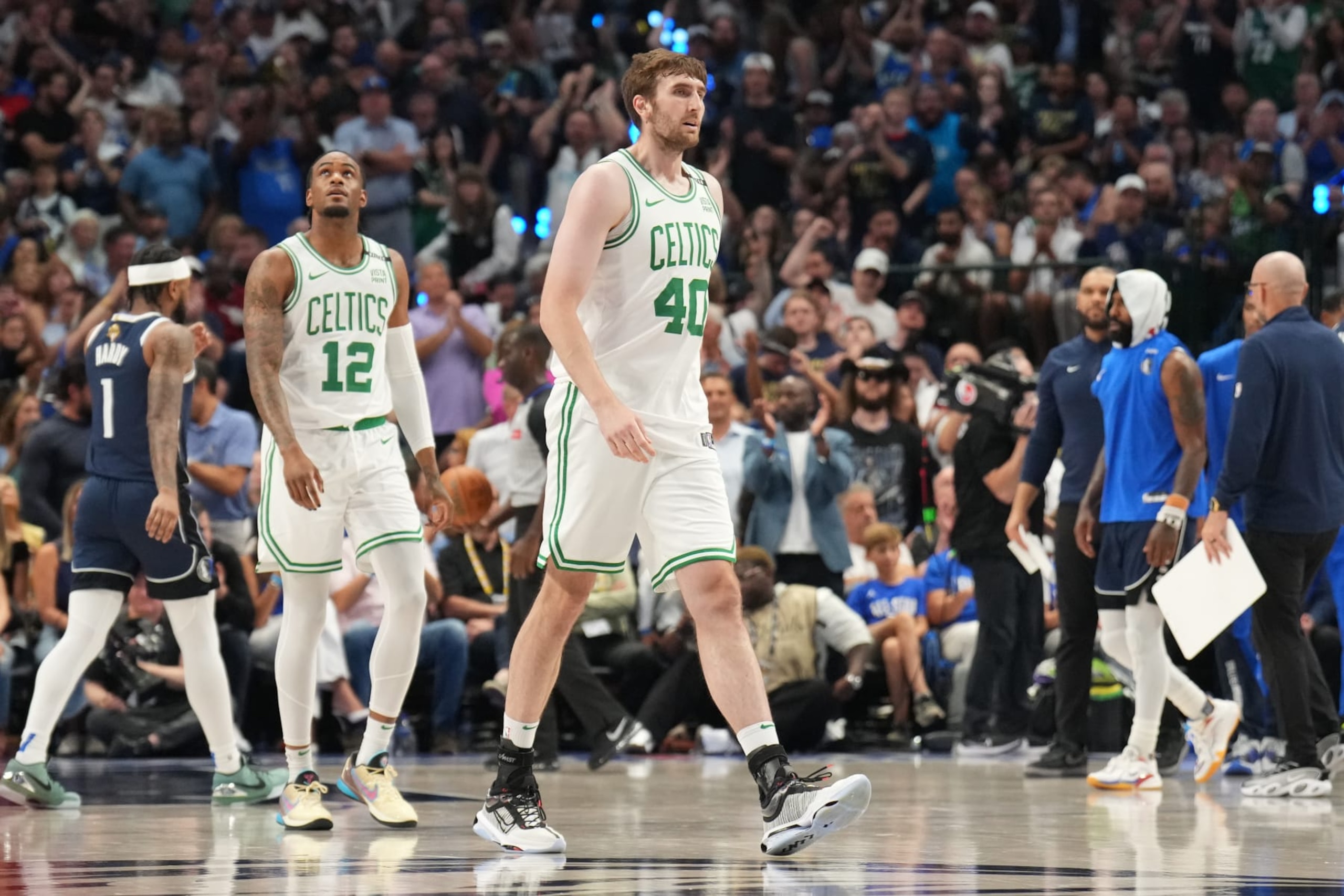 DALLAS, TX - JUNE 14: Luke Kornet #40 of the Boston Celtics looks on during the game against the Dallas Mavericks during Game 4 of the 2024 NBA Finals on June 14, 2024 at the American Airlines Center in Dallas, Texas. NOTE TO USER: User expressly acknowledges and agrees that, by downloading and or using this photograph, User is consenting to the terms and conditions of the Getty Images License Agreement. Mandatory Copyright Notice: Copyright 2024 NBAE (Photo by Jesse D. Garrabrant/NBAE via Getty Images)