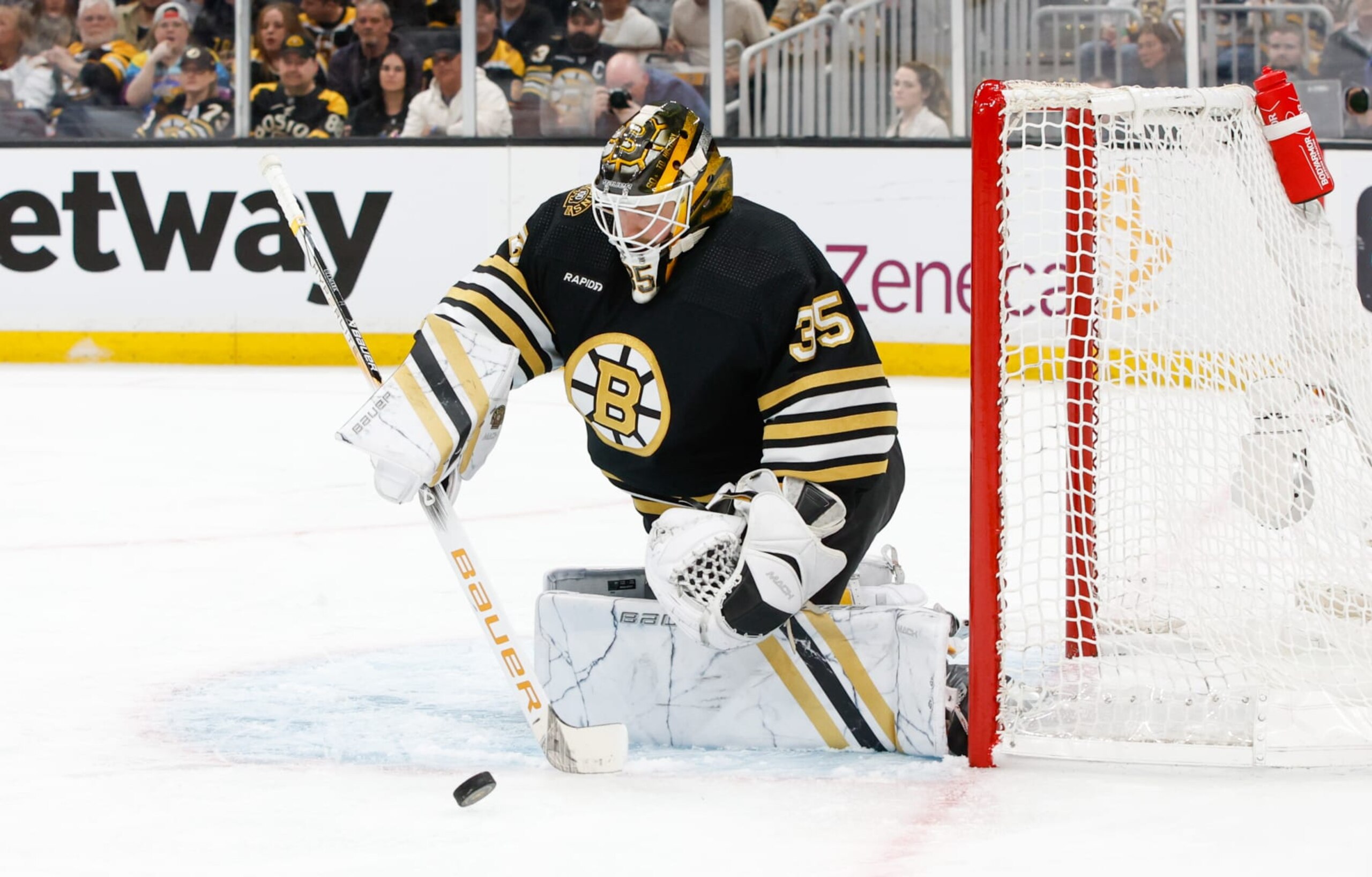 BOSTON, MASSACHUSETTS - APRIL 22: Linus Ullmark #35 of the Boston Bruins makes a save against the Toronto Maple Leafs during the second period in Game Two of the First Round of the 2024 Stanley Cup Playoffs at the TD Garden on April 22, 2024 in Boston, Massachusetts. (Photo by Rich Gagnon/Getty Images)