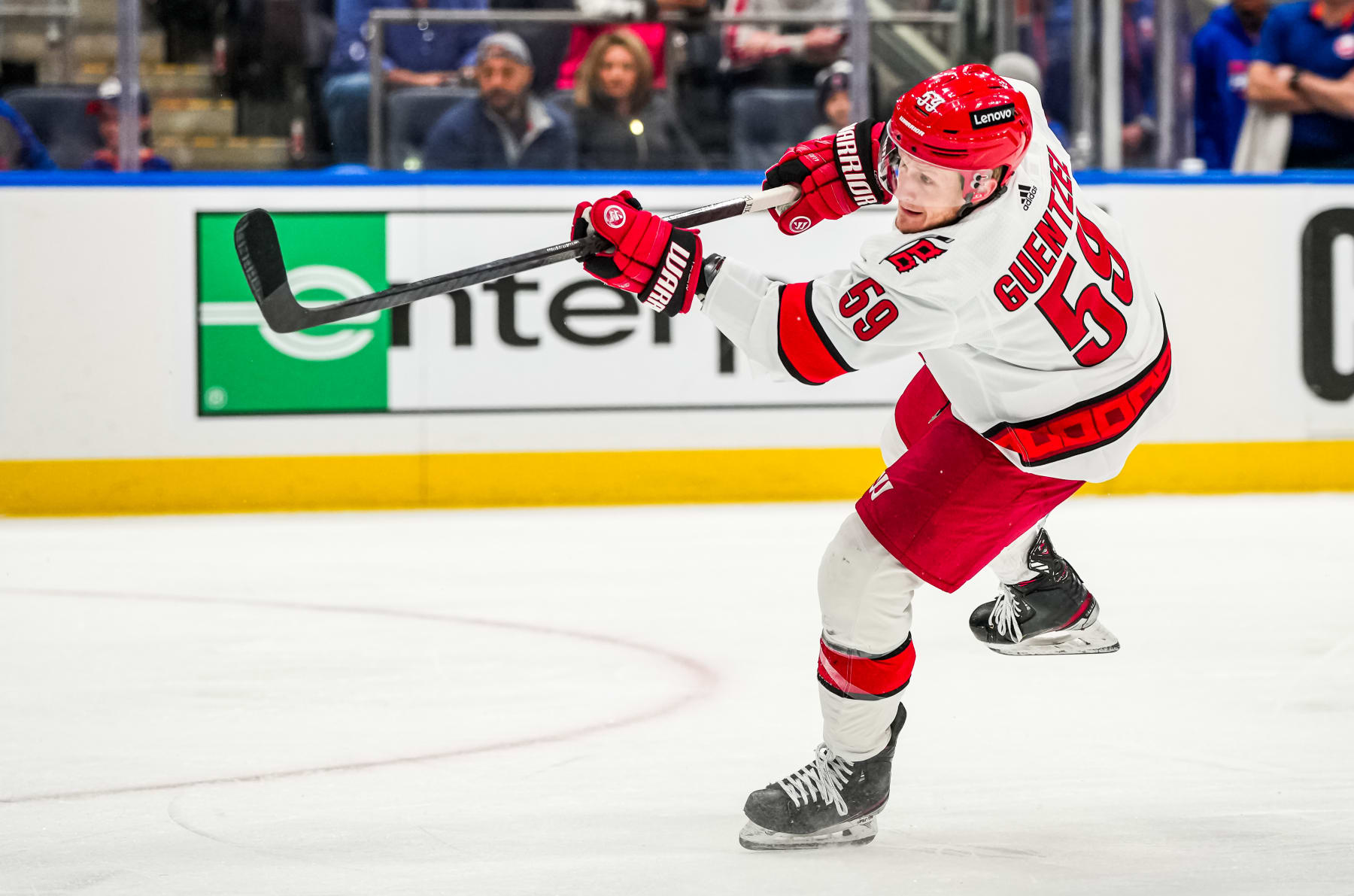 ELMONT, NEW YORK - APRIL 27: Jake Guentzel #59 of the Carolina Hurricanes shoots the puck during the first period in Game Four of the First Round of the 2024 Stanley Cup Playoffs at UBS Arena on April 27, 2024 in Elmont, New York. (Photo by Josh Lavallee/NHLI via Getty Images)