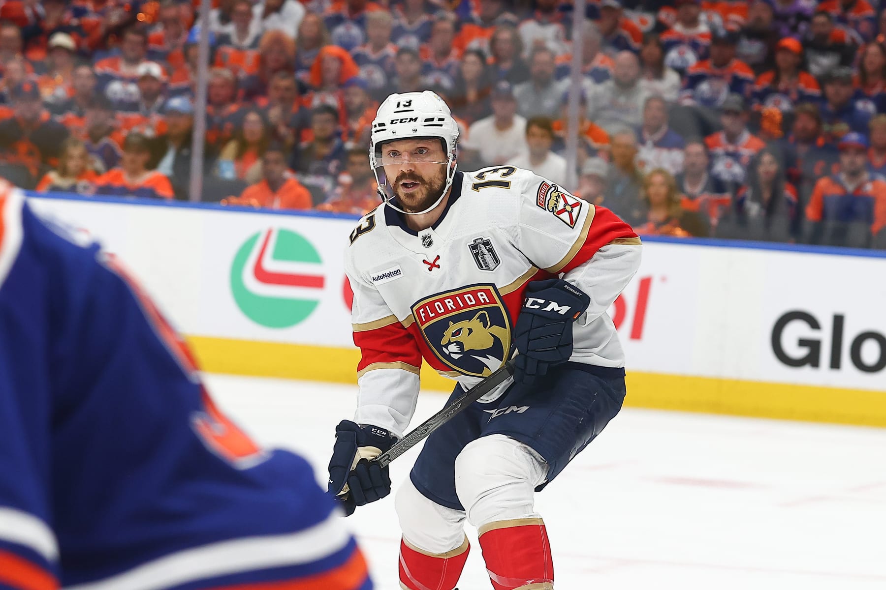 EDMONTON, AB - JUNE 13 : Florida Panthers Center Sam Reinhart (13) in action in the first period of game three of the Stanley Cup Final Round Edmonton Oilers game versus the Florida Panthers on June 13, 2024 at Rogers Place in Edmonton, AB. (Photo by Curtis Comeau/Icon Sportswire via Getty Images)