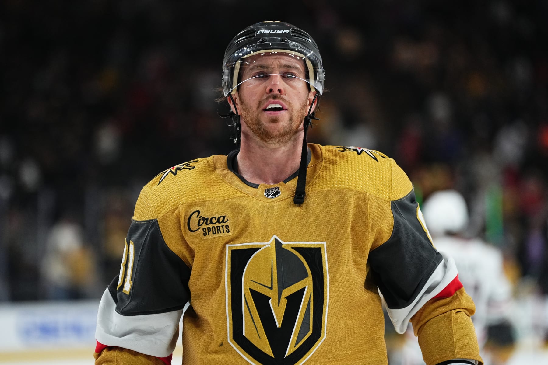 LAS VEGAS, NEVADA - APRIL 16: Jonathan Marchessault #81 of the Vegas Golden Knights reacts after a 3-1 victory against the Chicago Blackhawks at T-Mobile Arena on April 16, 2024 in Las Vegas, Nevada. (Photo by Jeff Bottari/NHLI via Getty Images)