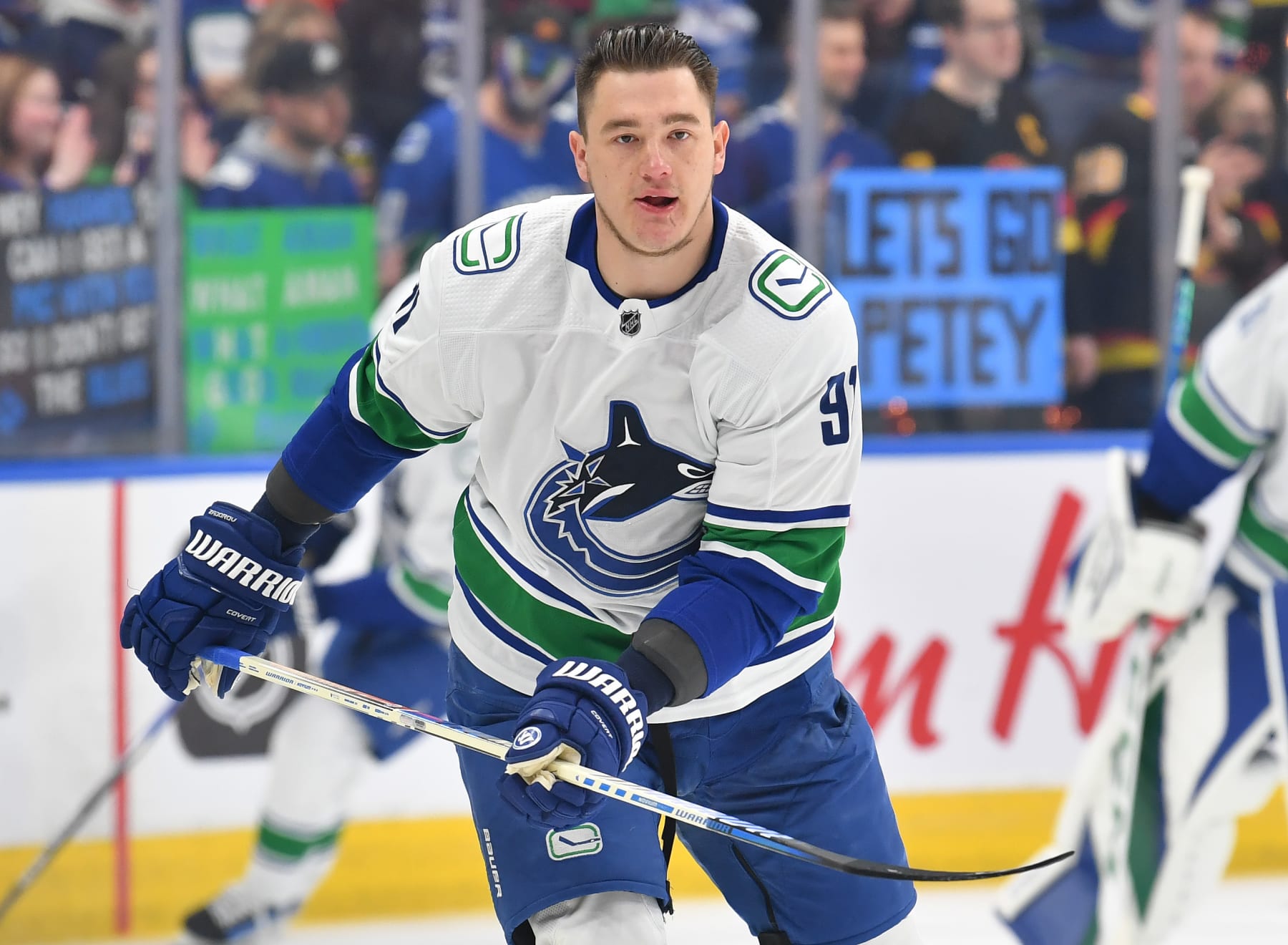 EDMONTON, CANADA - MAY 18: Nikita Zadorov #91 of the Vancouver Canucks warms up before Game Six of the Second Round of the 2024 Stanley Cup Playoffs against the Edmonton Oilers at Rogers Place on May 18, 2024, in Edmonton, Alberta, Canada. (Photo by Andy Devlin/NHLI via Getty Images)