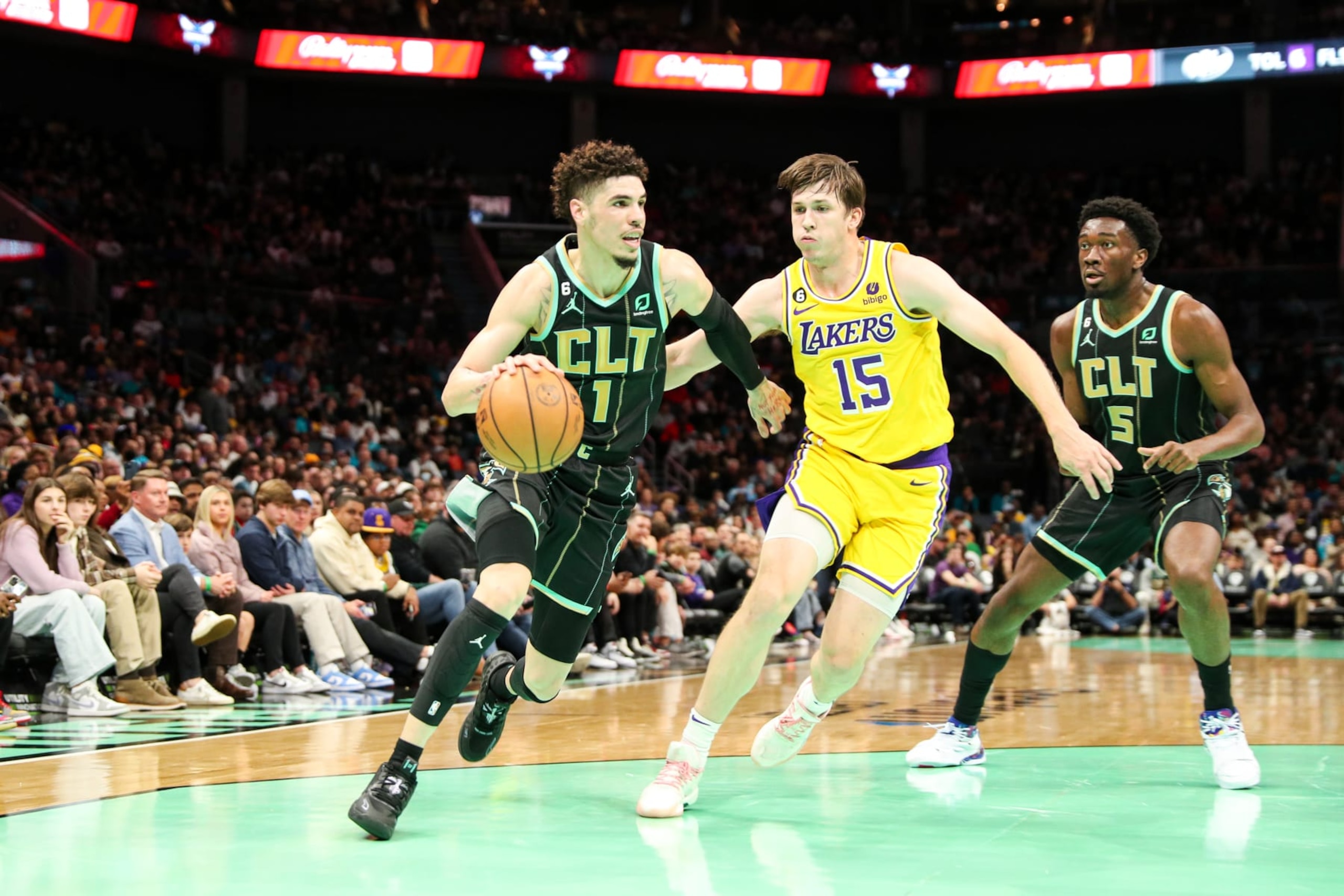 CHARLOTTE, NC - JANUARY 2: LaMelo Ball #1 of the Charlotte Hornets drives to the basket against the Los Angeles Lakers on January 2, 2023 at Spectrum Center in Charlotte, North Carolina. NOTE TO USER: User expressly acknowledges and agrees that, by downloading and or using this photograph, User is consenting to the terms and conditions of the Getty Images License Agreement. Mandatory Copyright Notice: Copyright 2023 NBAE (Photo by Brock Williams-Smith/NBAE via Getty Images)