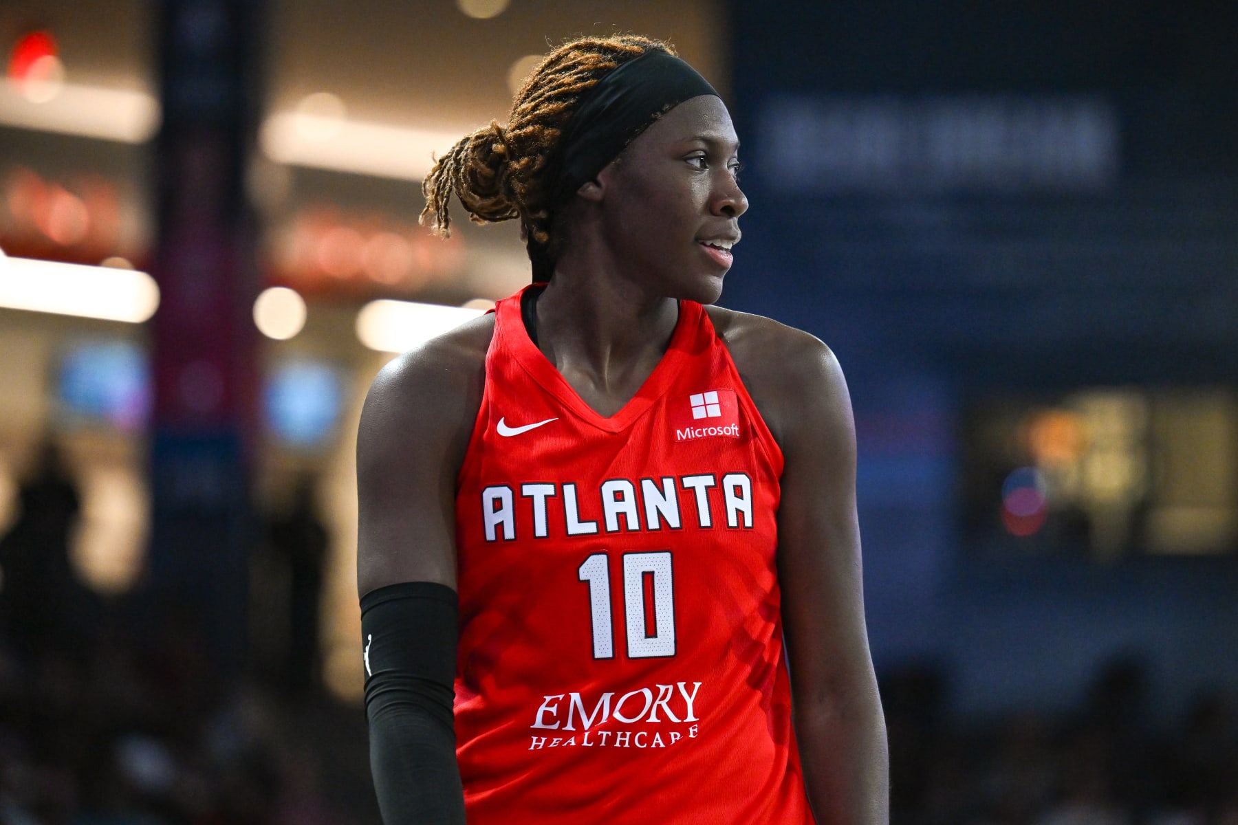 COLLEGE PARK, GA  JUNE 11:  Atlanta guard Rhyne Howard (10) reacts during the WNBA game between the Washington Mystics and the Atlanta Dream on June 11th, 2024 at Gateway Center Arena in College Park, GA. (Photo by Rich von Biberstein/Icon Sportswire via Getty Images)