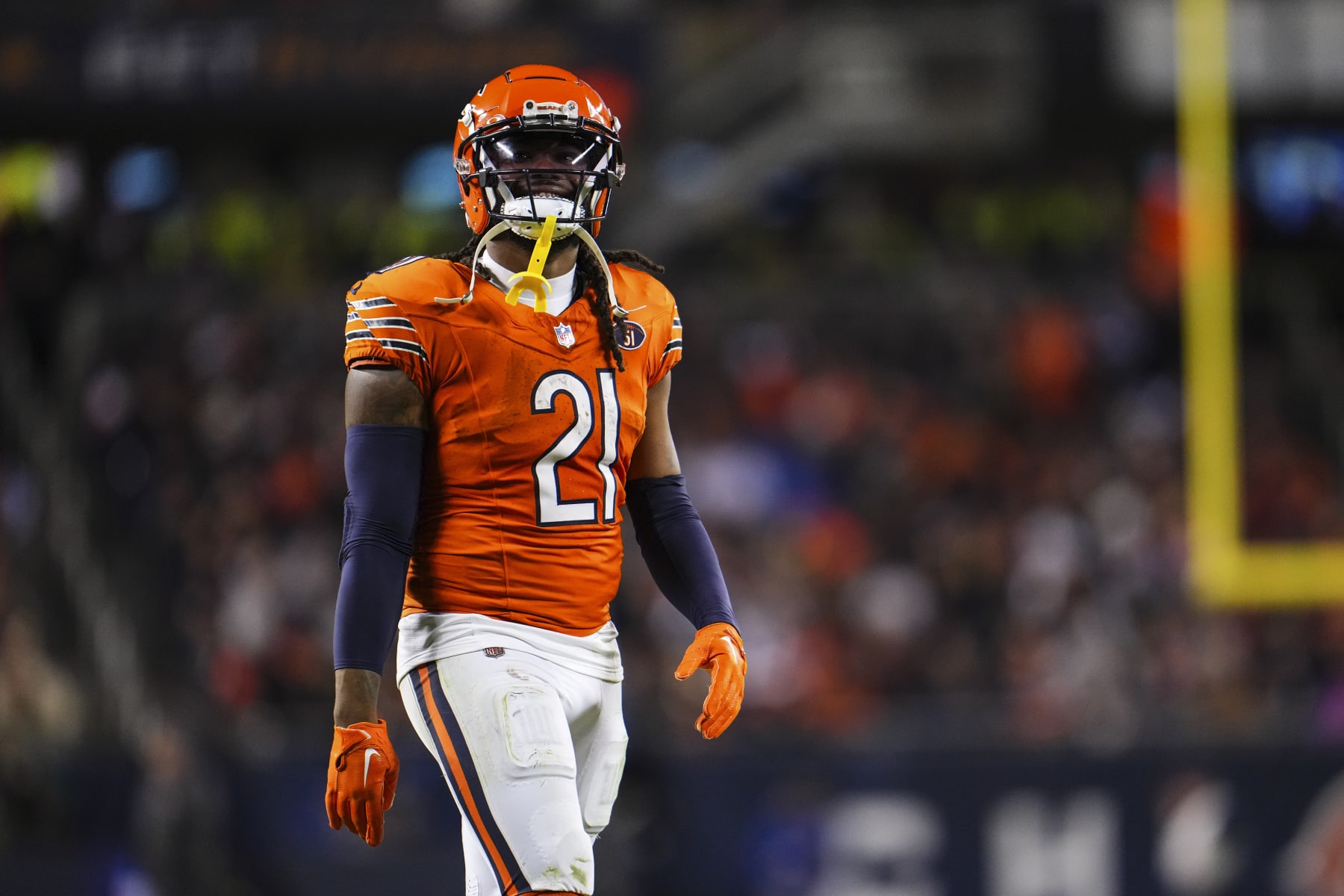 CHICAGO, IL - NOVEMBER 09: D'Onta Foreman #21 of the Chicago Bears looks on from the field during an NFL football game against the Carolina Panthers at Soldier Field on November 9, 2023 in Chicago, Illinois. (Photo by Cooper Neill/Getty Images)