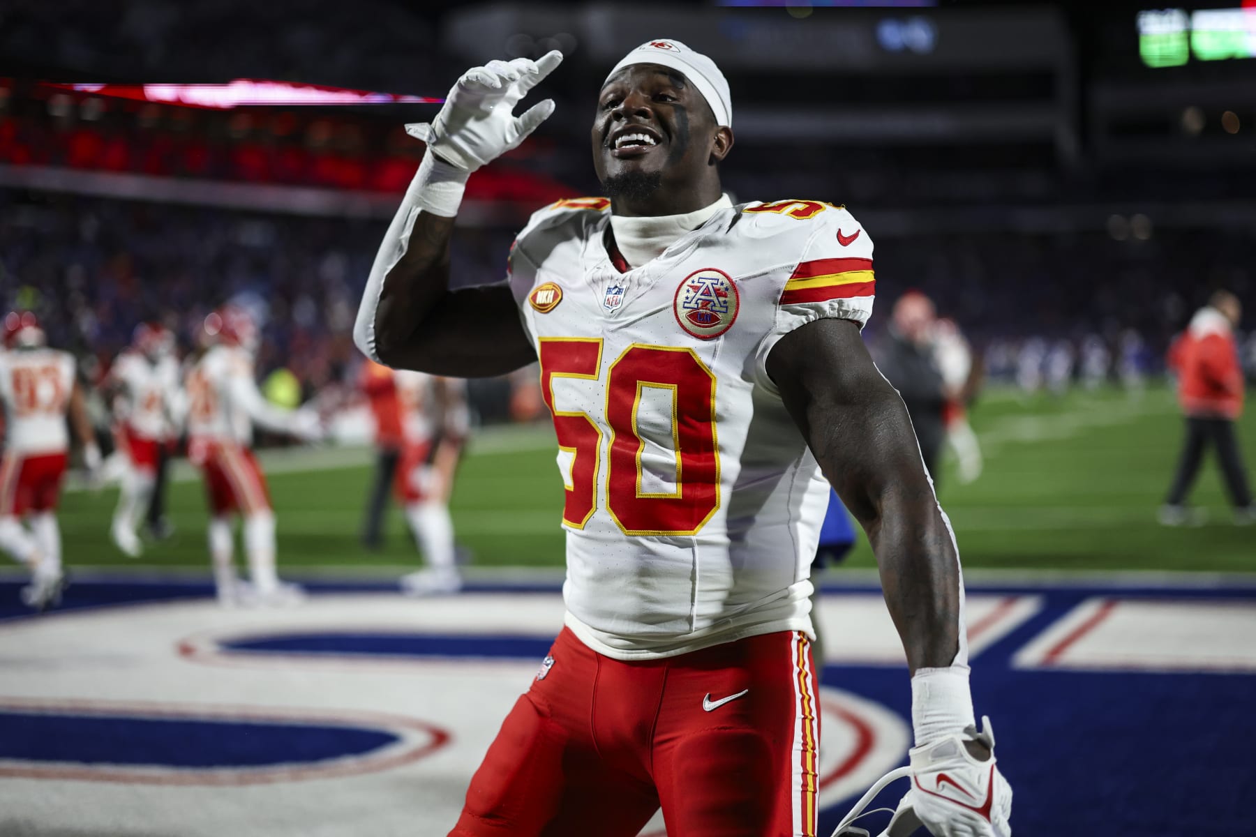 ORCHARD PARK, NY - JANUARY 21: Willie Gay #50 of the Kansas City Chiefs warms up prior to an NFL divisional round playoff football game against the Buffalo Bills at Highmark Stadium on January 21, 2024 in Orchard Park, New York. (Photo by Perry Knotts/Getty Images)