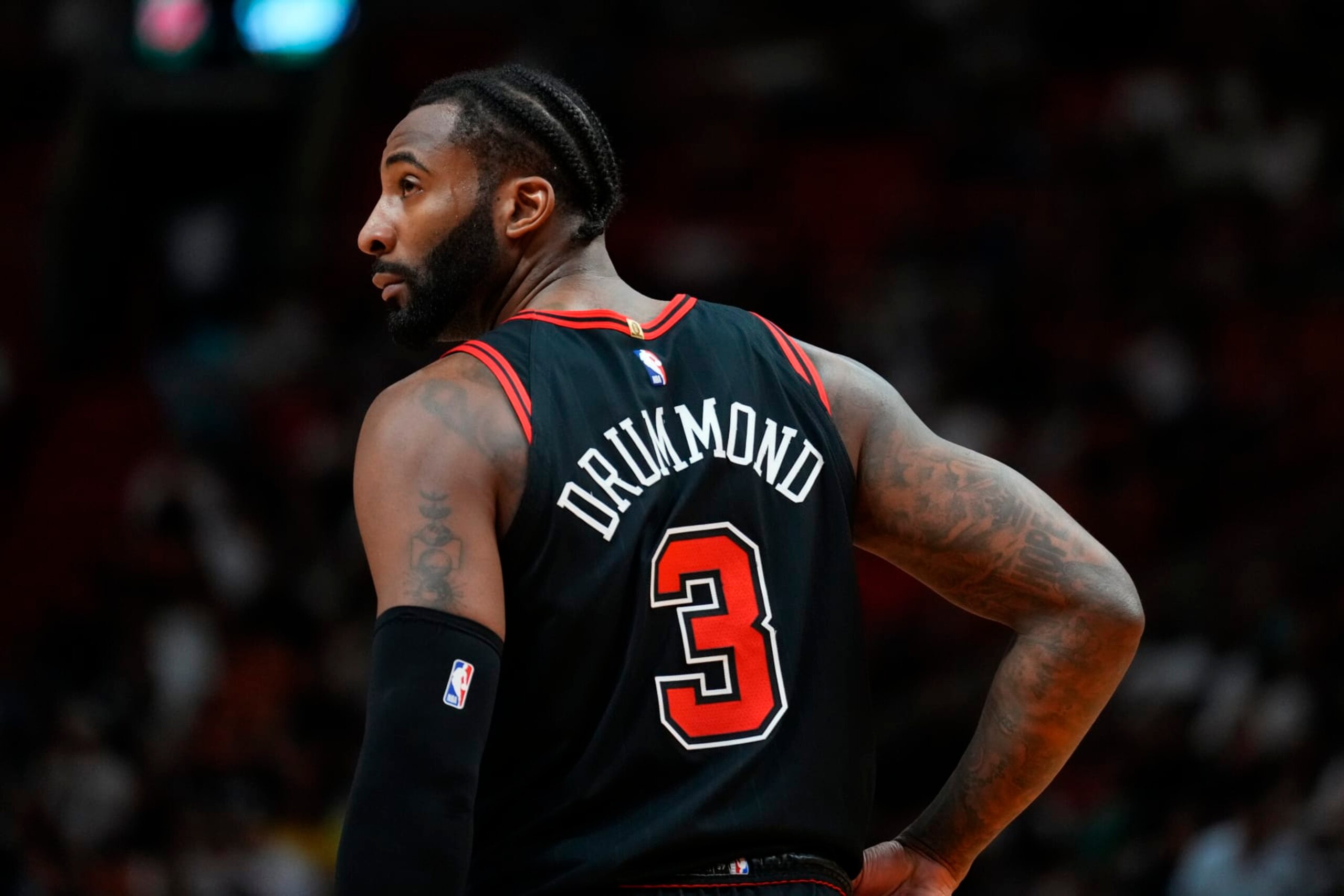 MIAMI, FLORIDA - APRIL 19: Andre Drummond #3 of the Chicago Bulls looks on against the Miami Heat in the first quarter during the Play-In Tournament at Kaseya Center on April 19, 2024 in Miami, Florida. NOTE TO USER: User expressly acknowledges and agrees that, by downloading and or using this photograph, User is consenting to the terms and conditions of the Getty Images License Agreement. (Photo by Rich Storry/Getty Images)