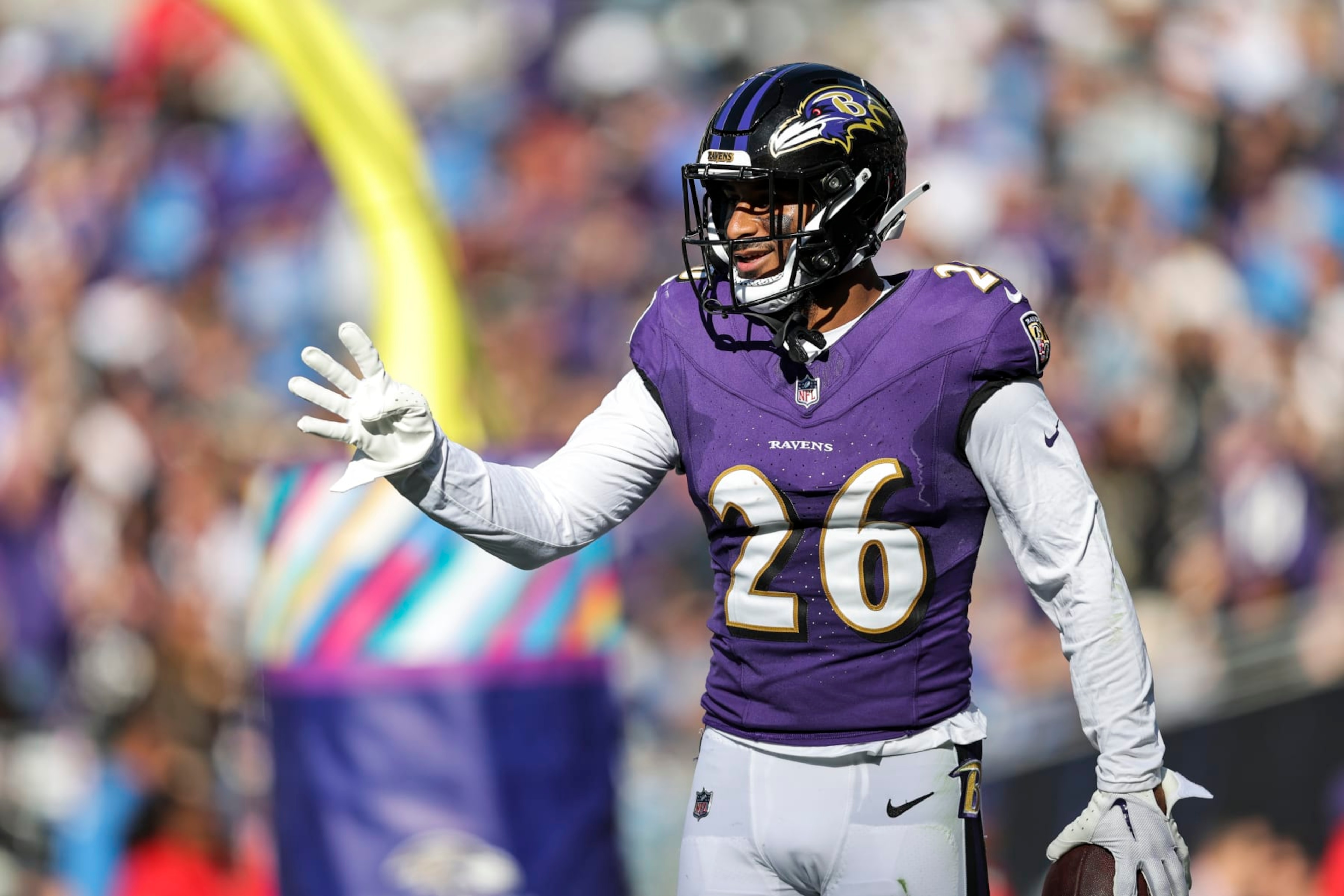 BALTIMORE, MARYLAND - OCTOBER 22: Geno Stone #26 of the Baltimore Ravens celebrates during an NFL football game between the Baltimore Ravens and the Detroit Lions at M&T Bank Stadium on October 22, 2023 in Baltimore, Maryland. (Photo by Michael Owens/Getty Images)