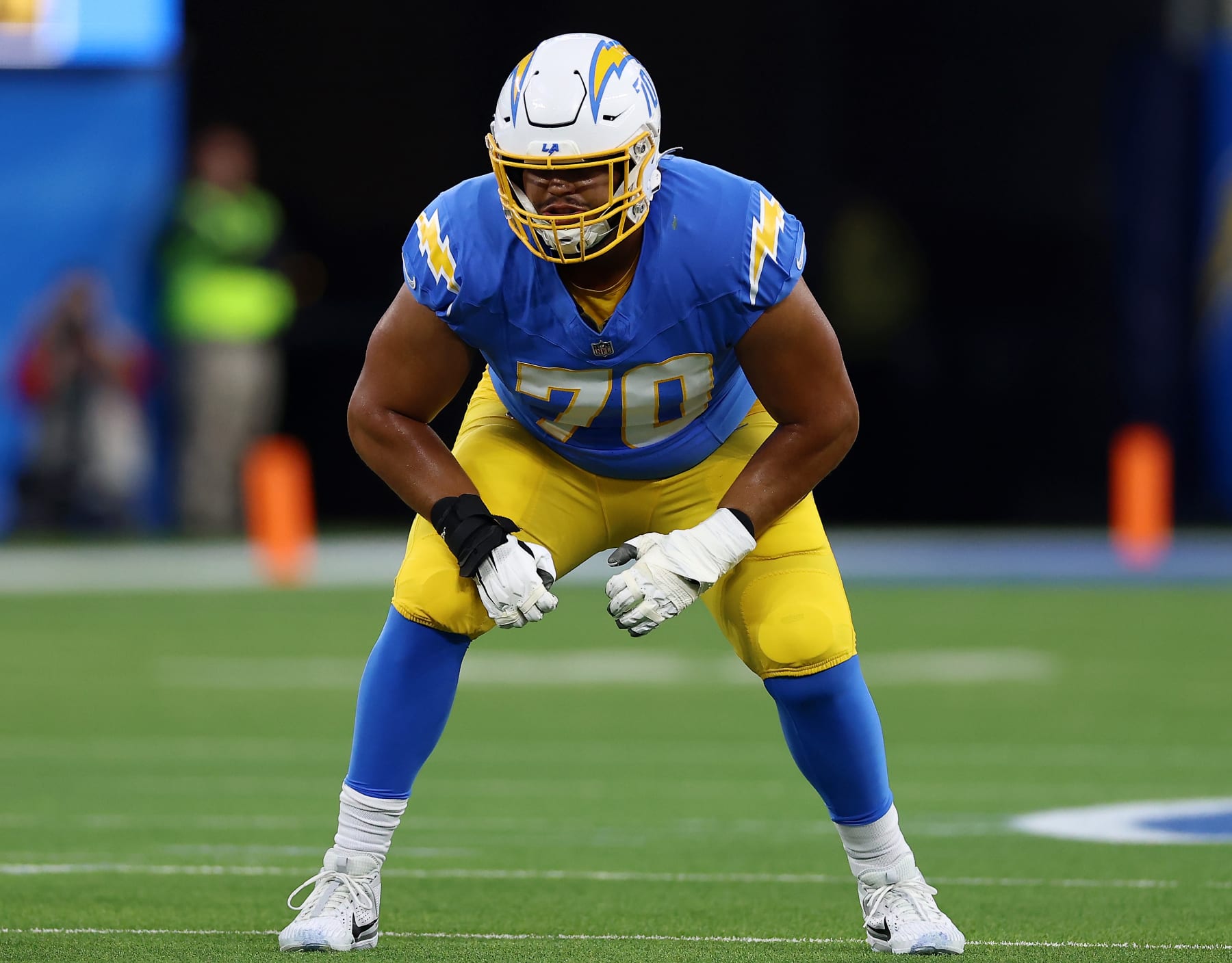 INGLEWOOD, CALIFORNIA - DECEMBER 23: Rashawn Slater #70 of the Los Angeles Chargers waits for play during the first quarter against the Buffalo Bills at SoFi Stadium on December 23, 2023 in Inglewood, California. (Photo by Katelyn Mulcahy/Getty Images)
