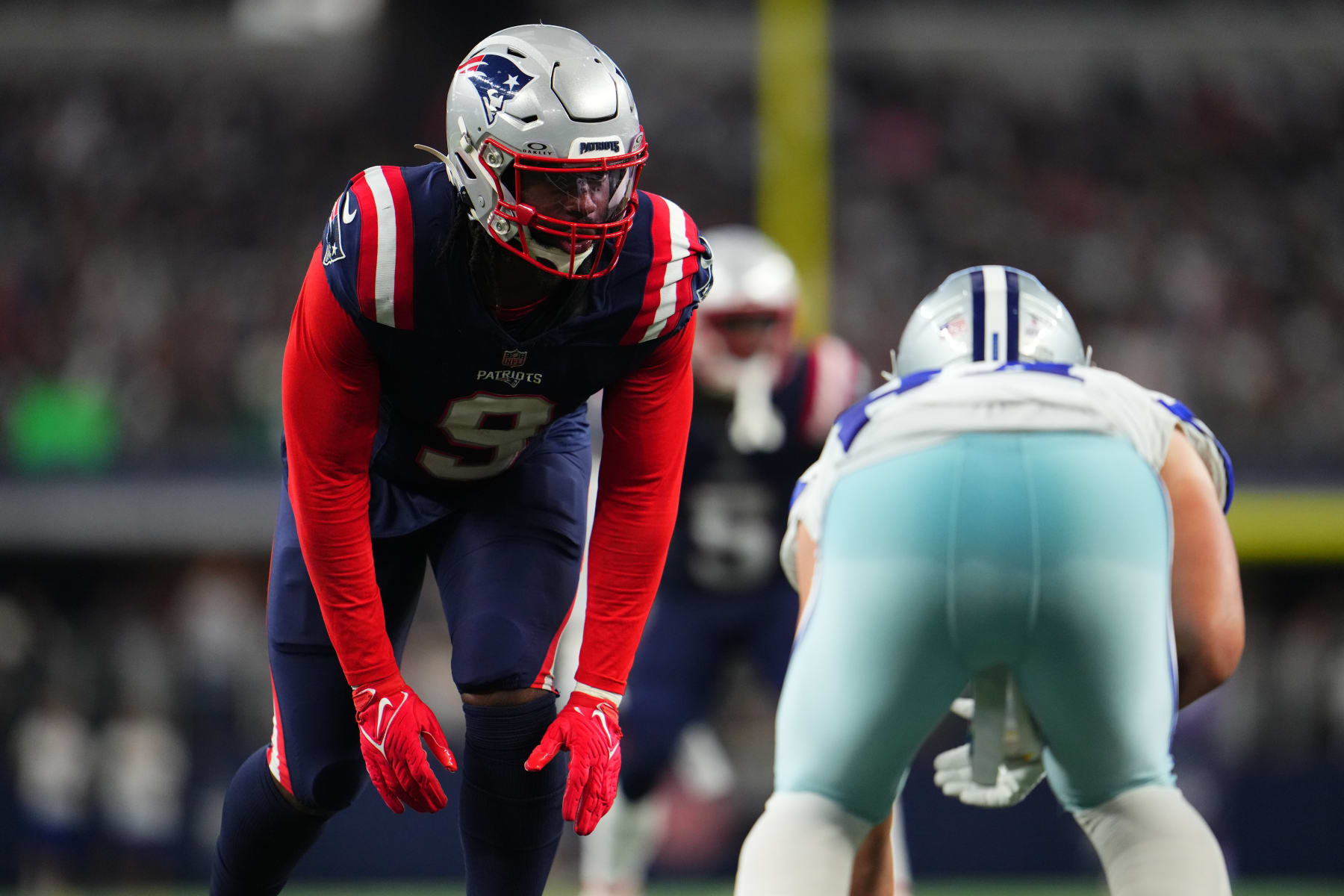 ARLINGTON, TX - OCTOBER 01: Matthew Judon #9 of the New England Patriots defends against the Dallas Cowboys during the second half at AT&T Stadium on October 1, 2023 in Arlington, Texas. (Photo by Cooper Neill/Getty Images)