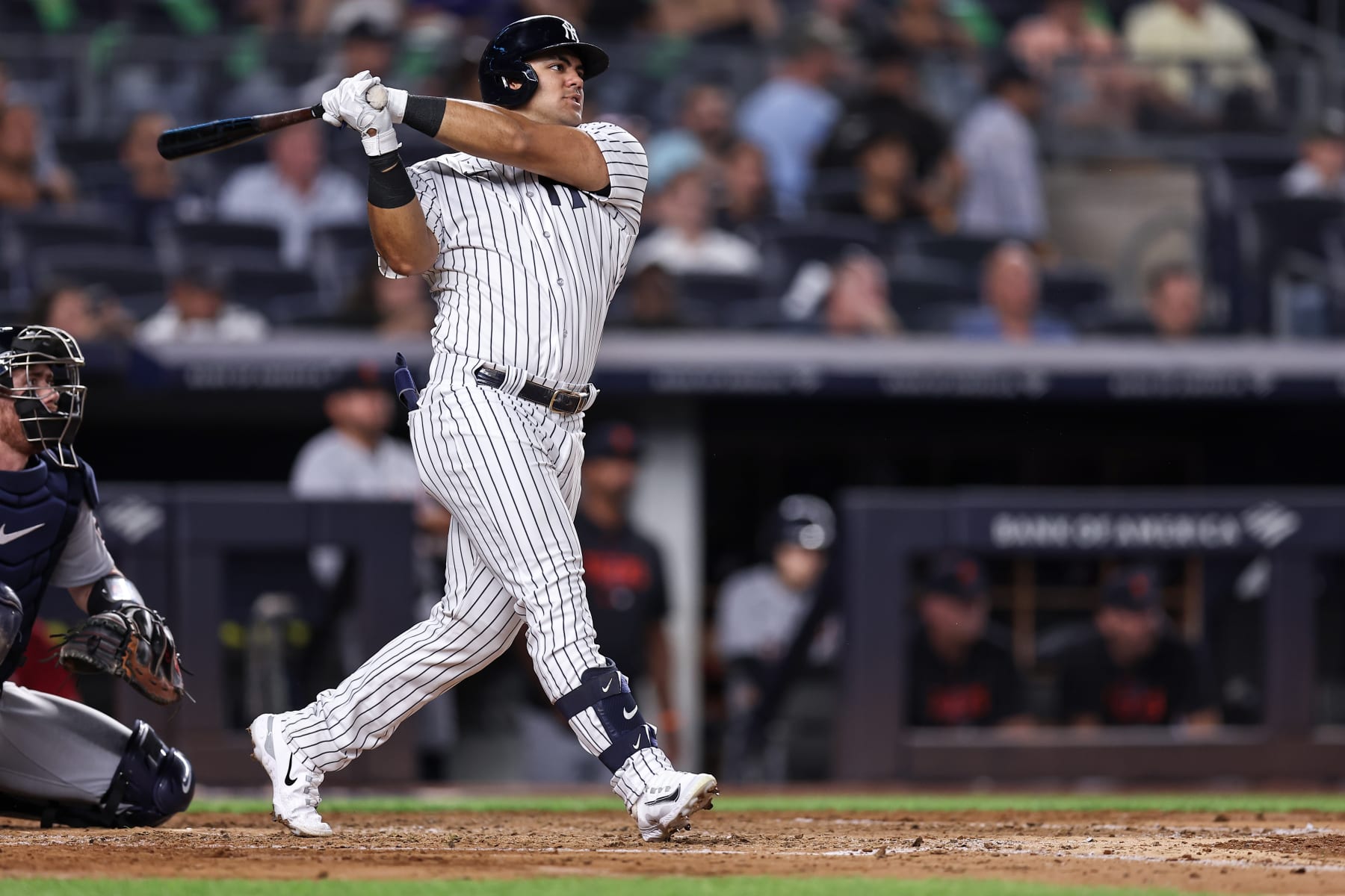 NEW YORK, NEW YORK - SEPTEMBER 06: Jasson Domínguez #89 of the New York Yankees hits a home run during the third inning of the game against the Detroit Tigers at Yankee Stadium on September 6, 2023 in New York City. (Photo by Dustin Satloff/Getty Images)