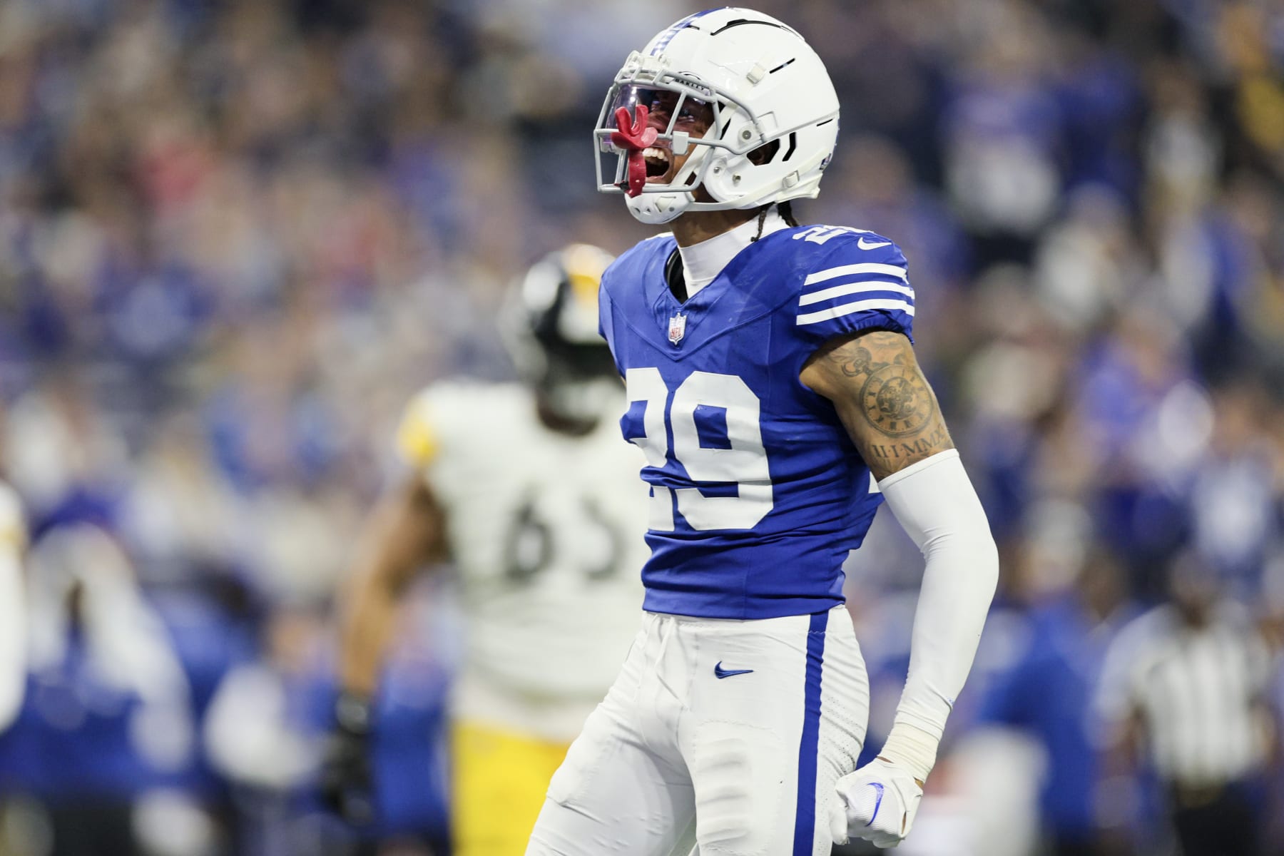 INDIANAPOLIS, INDIANA - DECEMBER 16: JuJu Brents #29 of the Indianapolis Colts celebrates after making a play during the second quarter against the Pittsburgh Steelers at Lucas Oil Stadium on December 16, 2023 in Indianapolis, Indiana. (Photo by Andy Lyons/Getty Images)