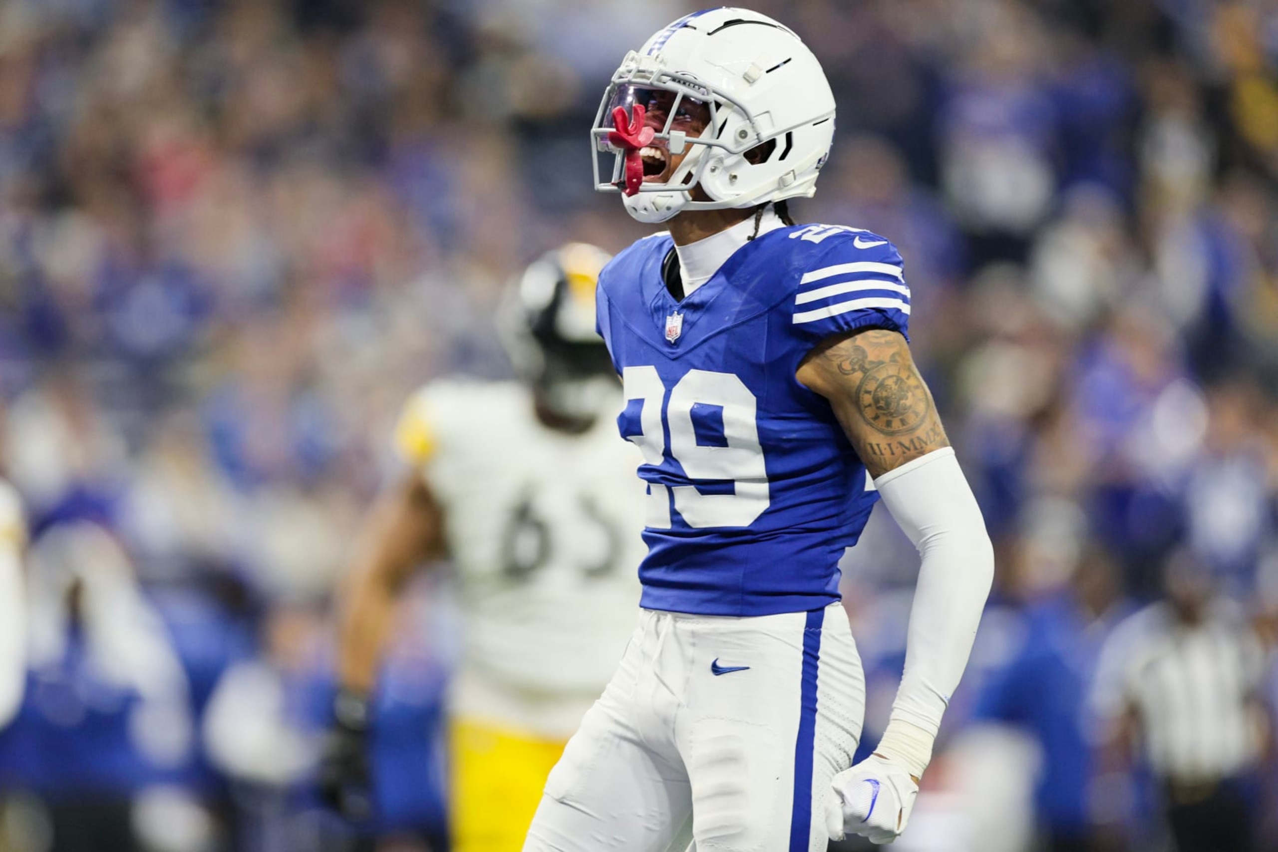 INDIANAPOLIS, INDIANA - DECEMBER 16: JuJu Brents #29 of the Indianapolis Colts celebrates after making a play during the second quarter against the Pittsburgh Steelers at Lucas Oil Stadium on December 16, 2023 in Indianapolis, Indiana. (Photo by Andy Lyons/Getty Images) INDIANAPOLIS, INDIANA - DECEMBER 16: JuJu Brents #29 of the Indianapolis Colts celebrates after making a play during the second quarter against the Pittsburgh Steelers at Lucas Oil Stadium on December 16, 2023 in Indianapolis, Indiana. (Photo by Andy Lyons/Getty Images)