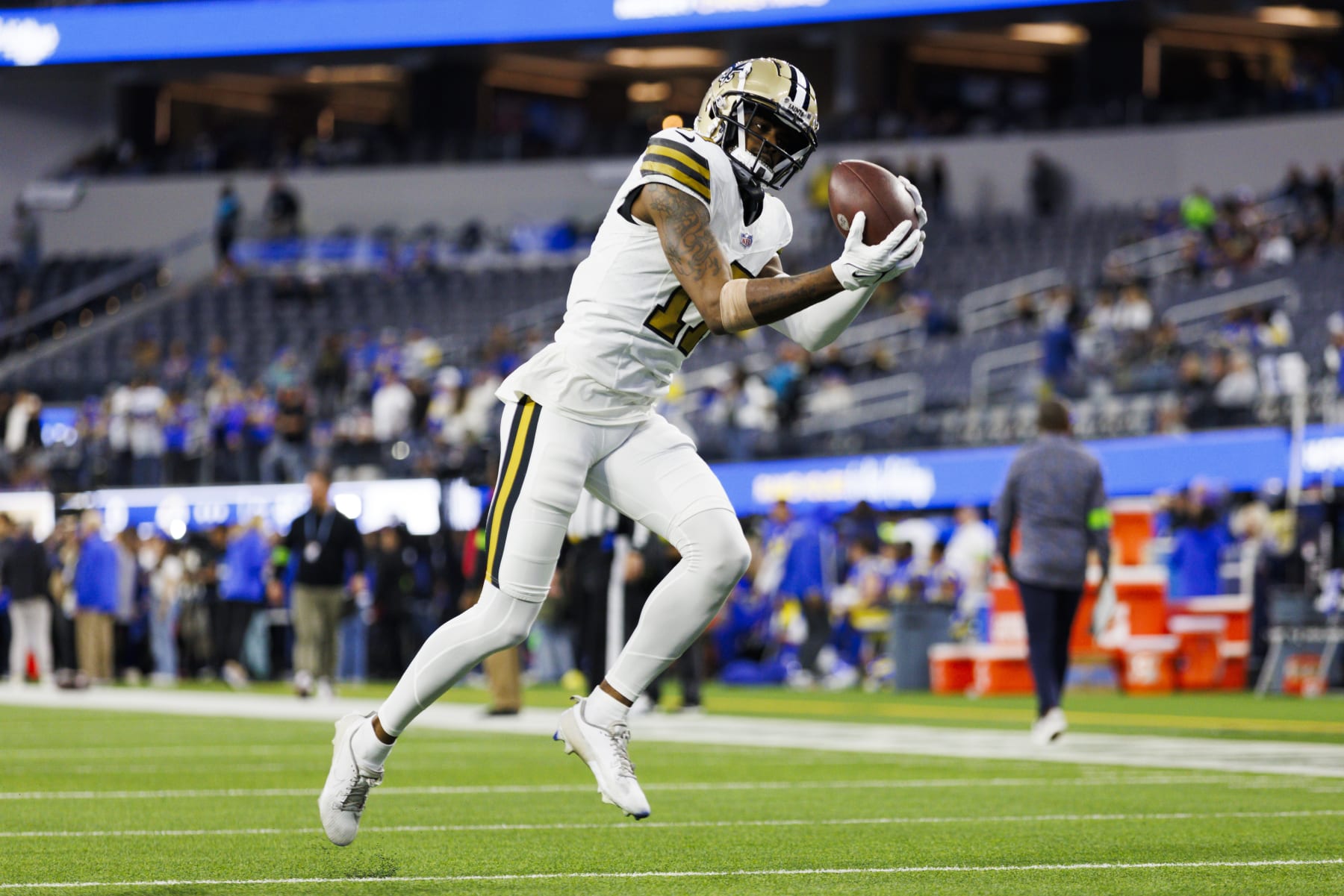 INGLEWOOD, CALIFORNIA - DECEMBER 21: A.T. Perry #17 of the New Orleans Saints catches the ball during a game against the Los Angeles Rams at SoFi Stadium on December 21, 2023 in Inglewood, California. (Photo by Ric Tapia/Getty Images)
