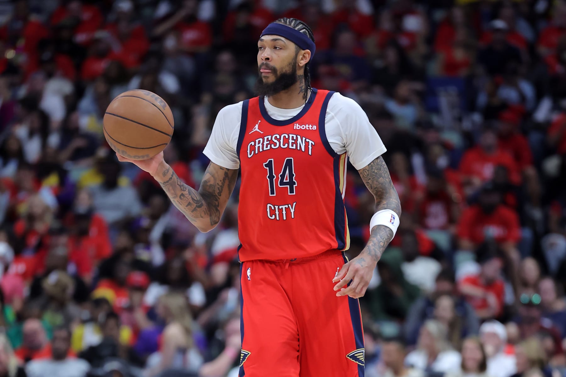 NEW ORLEANS, LOUISIANA - APRIL 16: Brandon Ingram #14 of the New Orleans Pelicans drives with the ball against the Los Angeles Lakers during a play-in tournament game at the Smoothie King Center on April 16, 2024 in New Orleans, Louisiana. NOTE TO USER: User expressly acknowledges and agrees that, by downloading and or using this Photograph, user is consenting to the terms and conditions of the Getty Images License Agreement. (Photo by Jonathan Bachman/Getty Images)