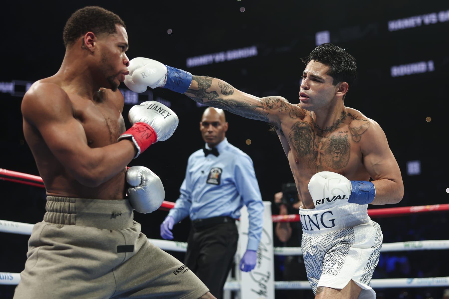 NEW YORK, NEW YORK - APRIL 20: Ryan Garcia throws a punch at Devin Haney during a fight at Barclays Center on April 20, 2024 in New York City.  (Photo by Cris Esqueda/Golden Boy/Getty Images)
