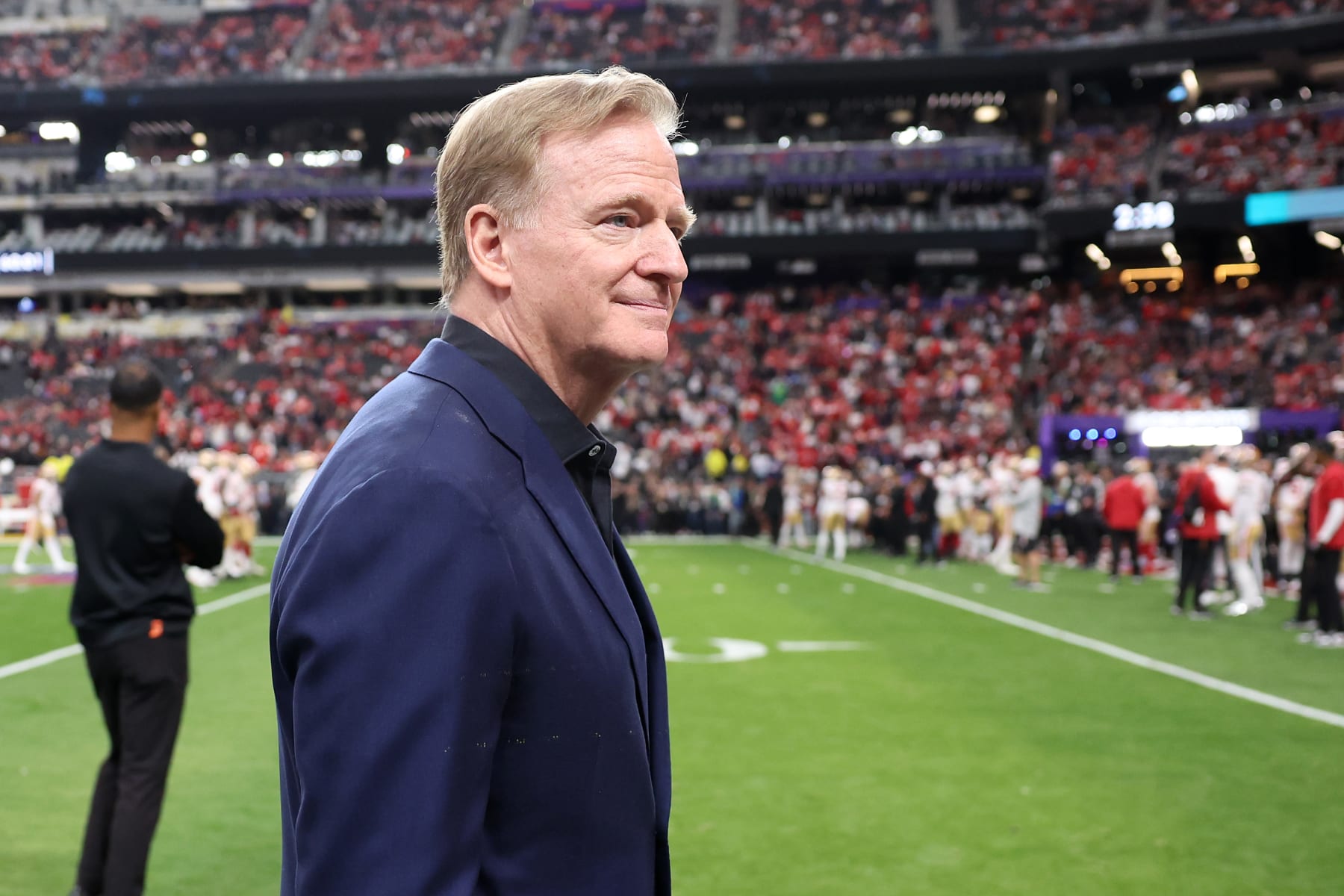 LAS VEGAS, NEVADA - FEBRUARY 11: NFL Commissioner Roger Goodell reacts before Super Bowl LVIII between the San Francisco 49ers and Kansas City Chiefs at Allegiant Stadium on February 11, 2024 in Las Vegas, Nevada. (Photo by Ezra Shaw/Getty Images)