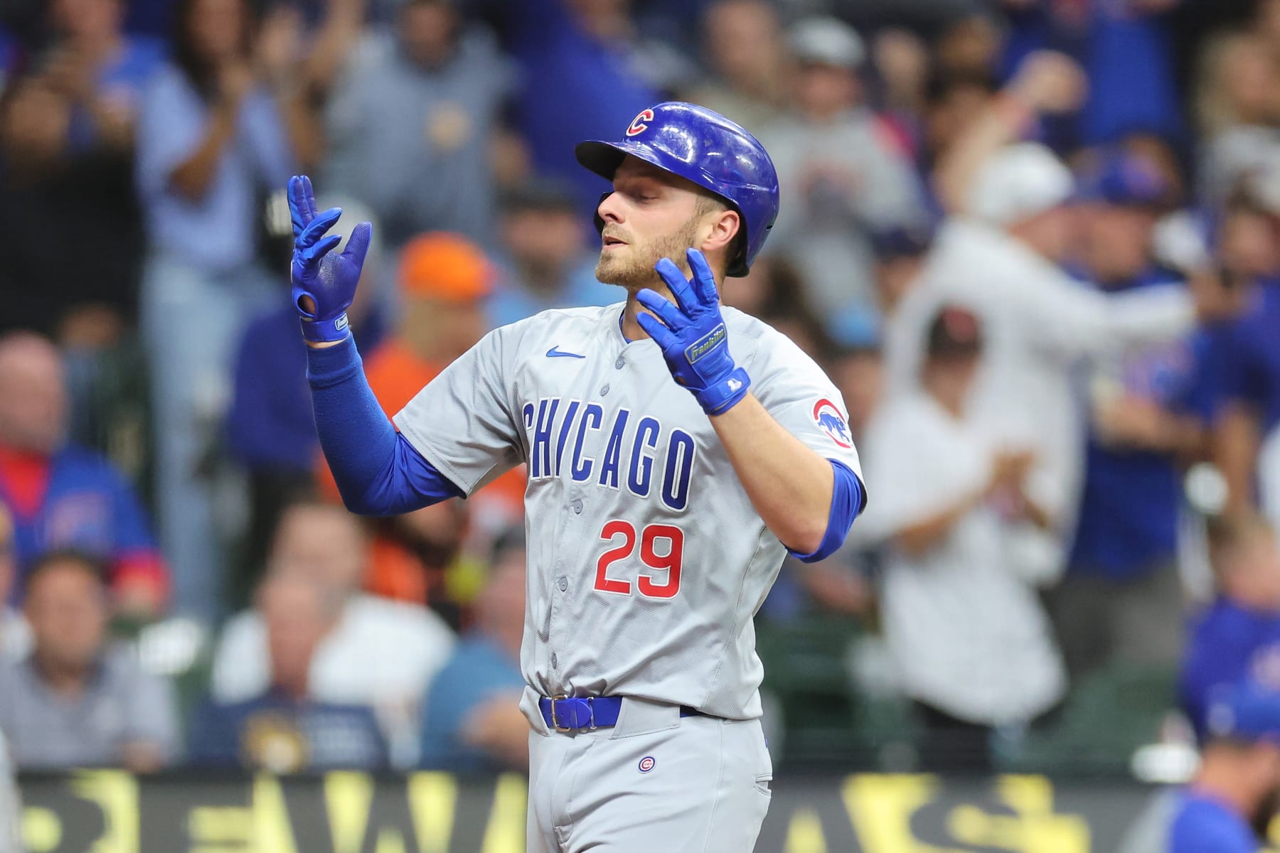 MILWAUKEE, WISCONSIN - MAY 28: Michael Busch #29 of the Chicago Cubs celebrates a home run against the Milwaukee Brewers during the third inning at American Family Field on May 28, 2024 in Milwaukee, Wisconsin. (Photo by Stacy Revere/Getty Images)