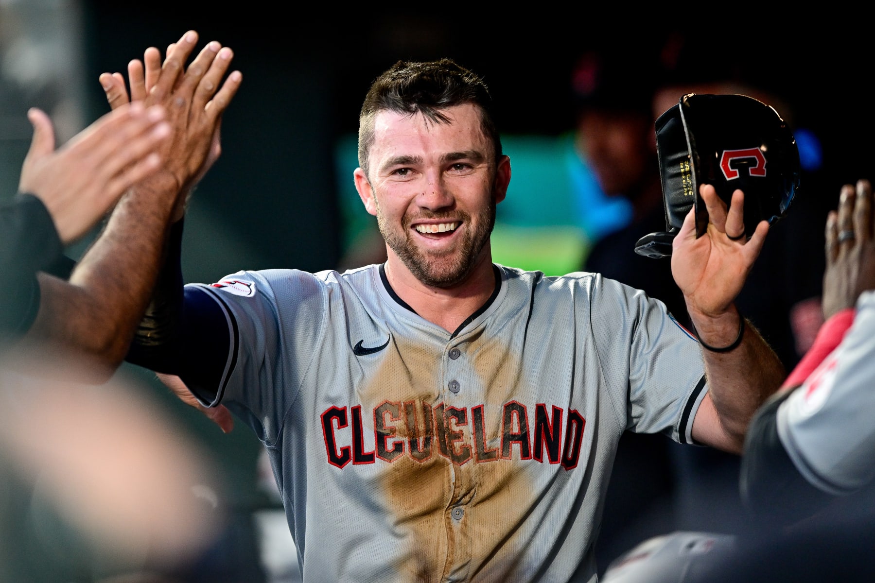 DENVER, CO - MAY 28: Cleveland Guardians outfielder David Fry (6) celebrates after scoring a run in the fifth inning during a game between the Cleveland Guardians and the Colorado Rockies at Coors Field on May 28, 2024 in Denver, Colorado. (Photo by Dustin Bradford/Icon Sportswire via Getty Images)
